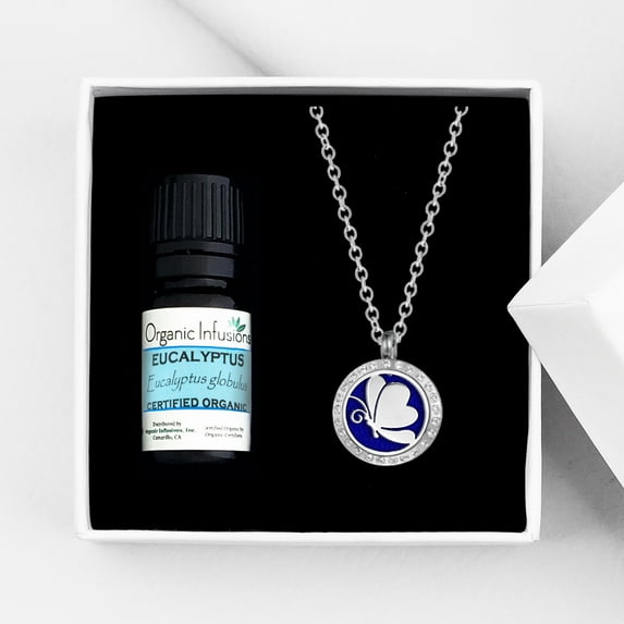 Anavia Butterfly Aromatherapy Oil Diffuser Crystal Necklace Essential Oil Gift Set - Silver Necklace & Eucalyptus Oil