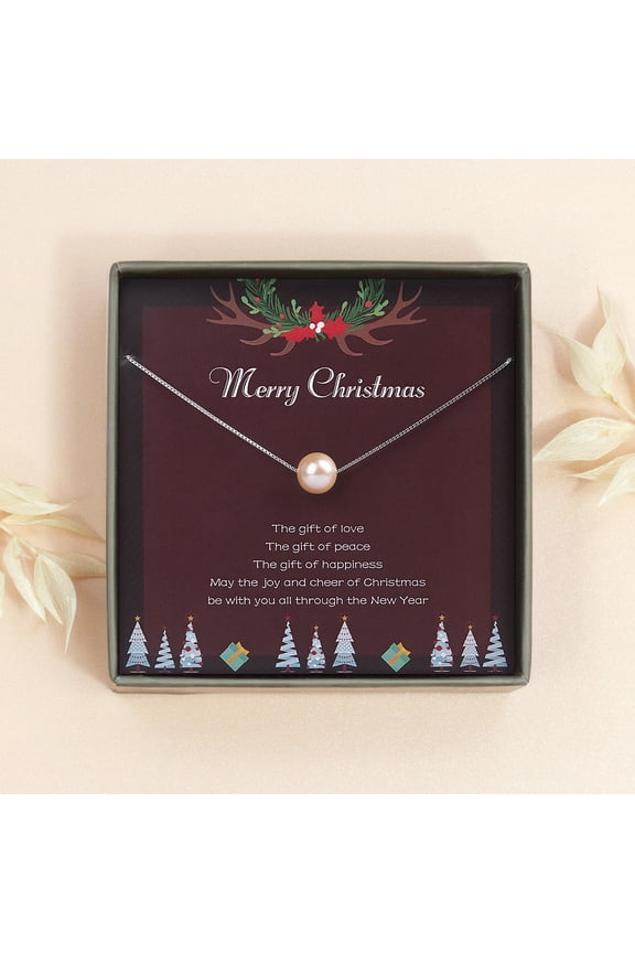 Christmas Gifts for Mom, Sterling Silver Pearl Necklace Christmas Gifts Card for Grandma and Mother in Law-[Pink Pearl + Silver Chain]