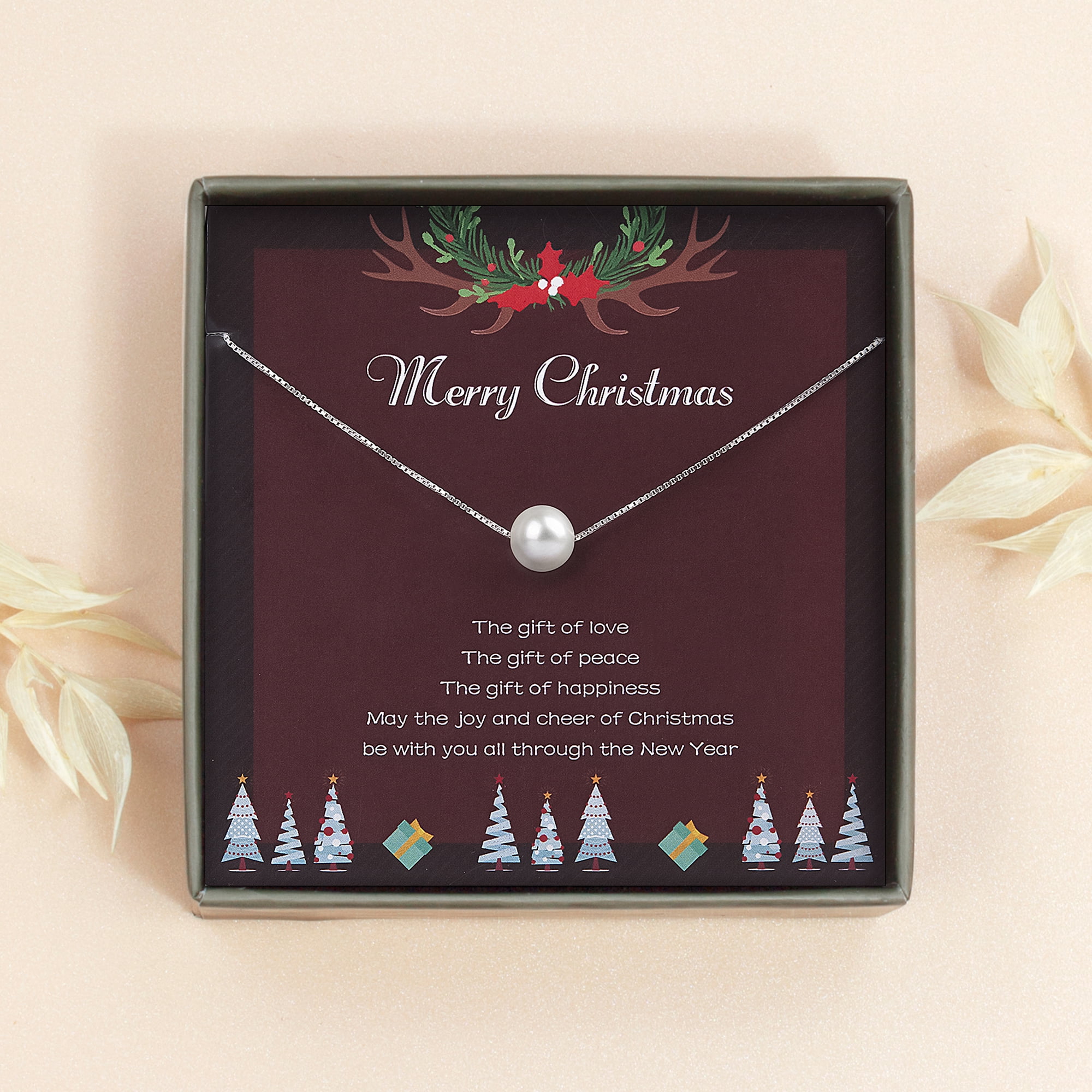 Anavia Christmas Gifts for Mom, Sterling Silver Pearl Necklace Christmas Gifts Card for Grandma and Mother in Law-[White Pearl + Silver Chain]