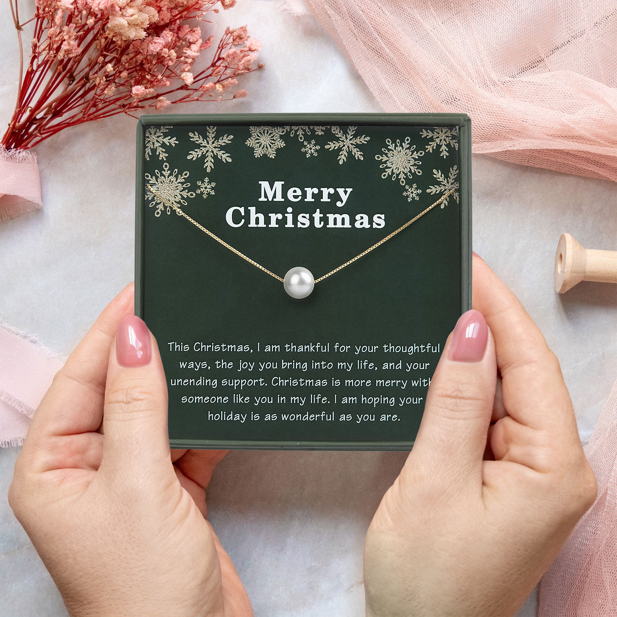 Anavia Christmas Gifts for Mom, Sterling Silver Pearl Necklace Christmas Gifts Card for Grandma and Mother in Law-[Pink Pearl + Silver Chain], Women's