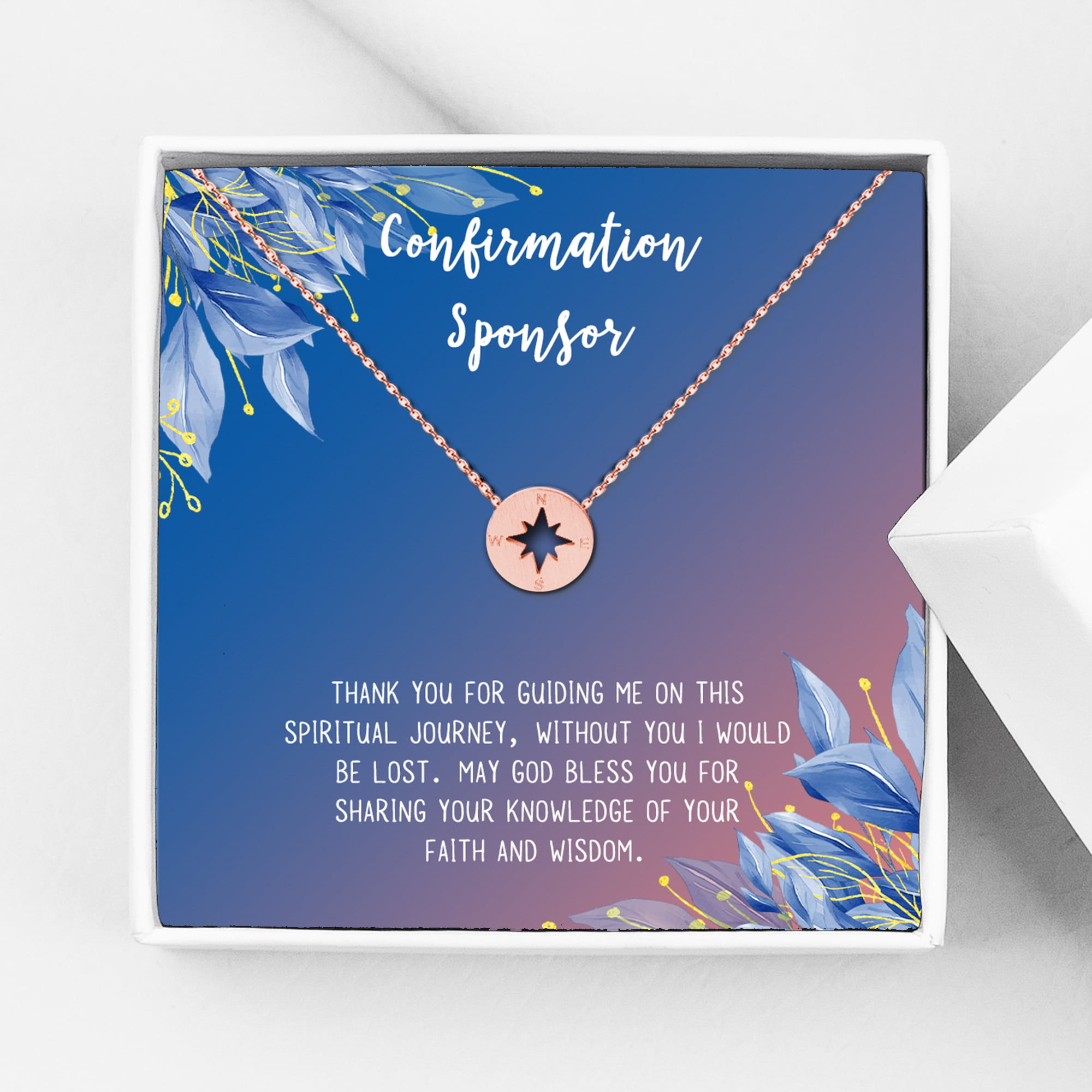 Anavia Confirmation Sponsor Gift for Women, Gifts for Sponsors, Baptism Gift, Goddaughter Gift, Thank you Religious Sponsor Gifts Card Necklace-[Rose Gold Compass, Blue-Orange Gift Card]
