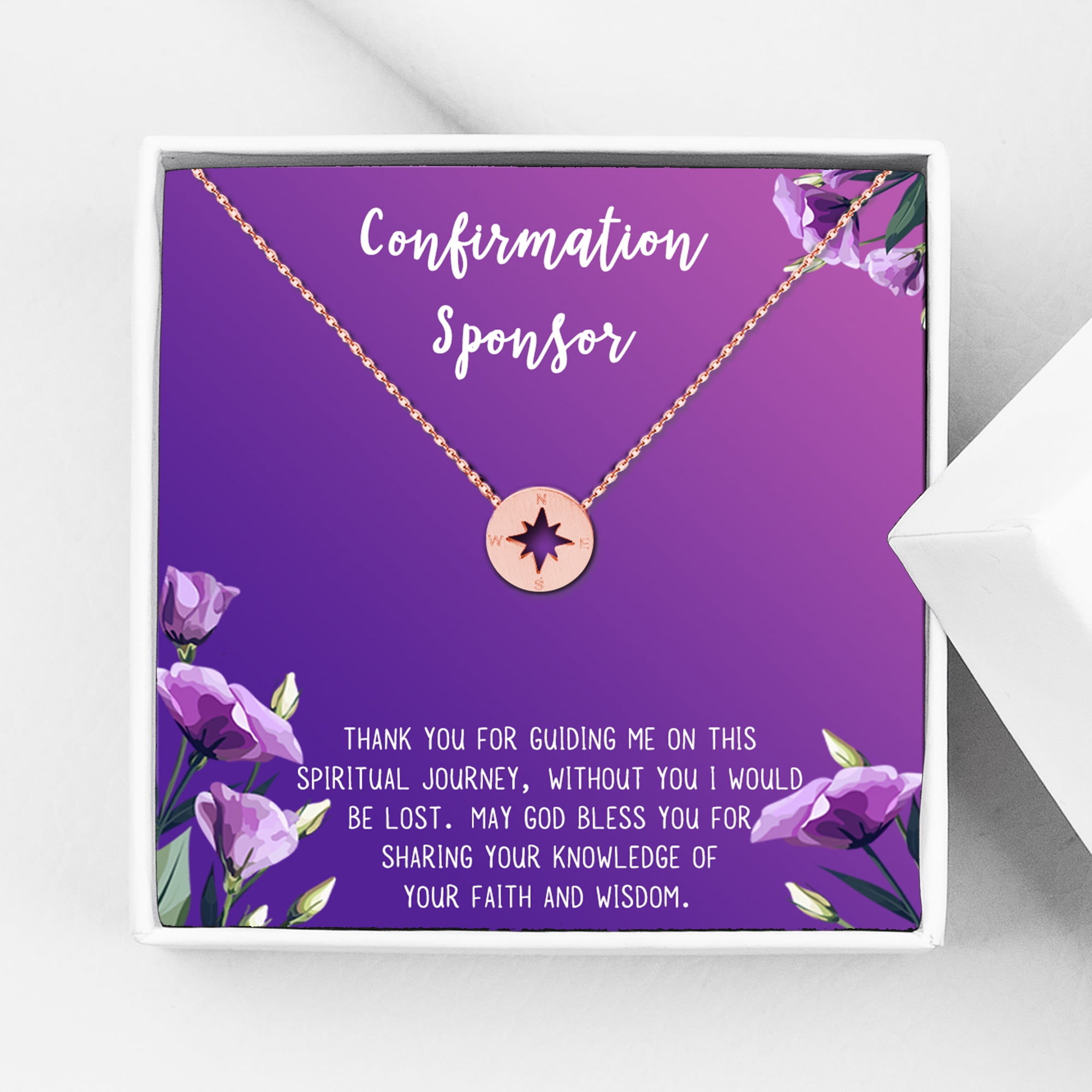 Anavia Confirmation Sponsor Gift for Women, Gifts for Sponsors, Baptism Gift, Goddaughter Gift, Thank you Religious Sponsor Gifts Card Necklace-[Rose Gold Compass, Royal Purple Gift Card]