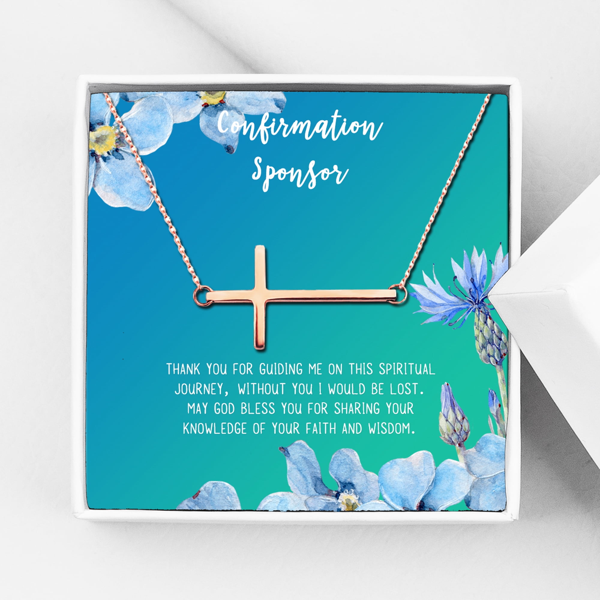 Anavia Confirmation Sponsor Gift for Women, Gifts for Sponsors, Baptism Gift, Goddaughter Gift, Thank you Religious Sponsor Gifts Card Necklace-[Rose Gold Cross, Bright Blue Gift Card]
