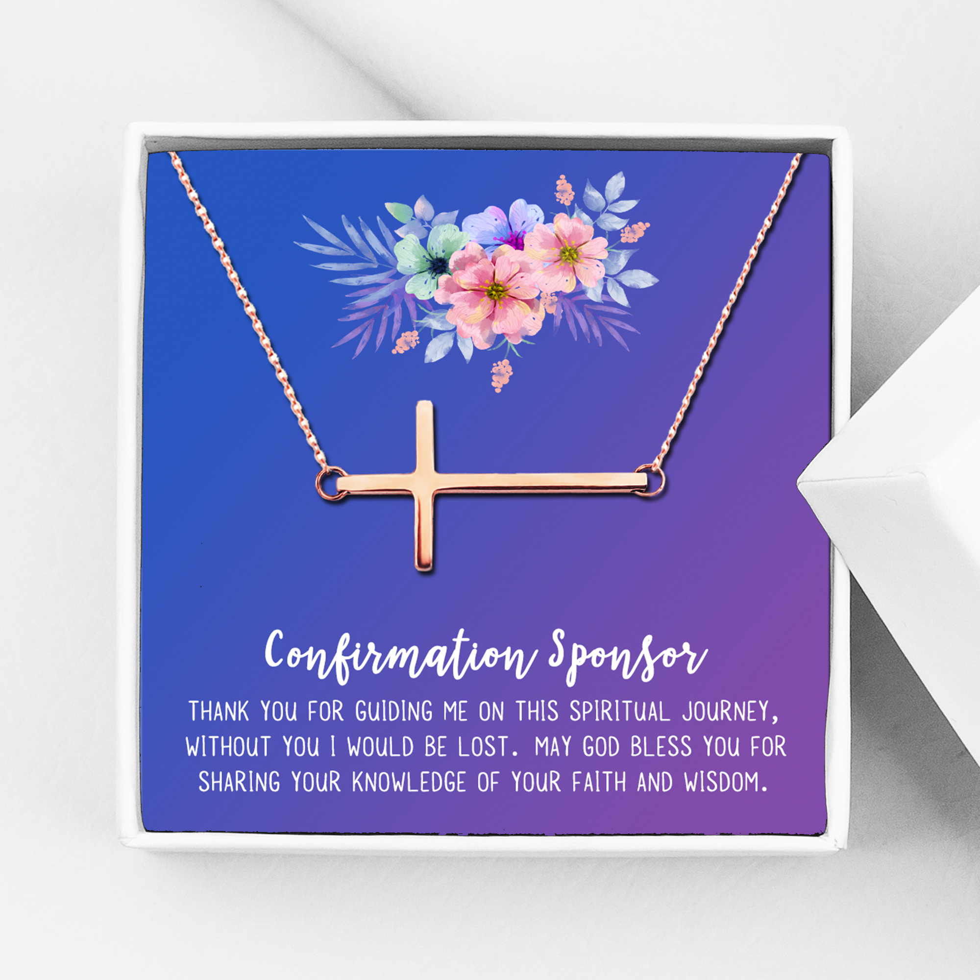 Anavia Confirmation Sponsor Gift for Women, Gifts for Sponsors, Baptism Gift, Goddaughter Gift, Thank you Religious Sponsor Gifts Card Necklace-[Rose Gold Cross, Blue-Purple Gift Card]