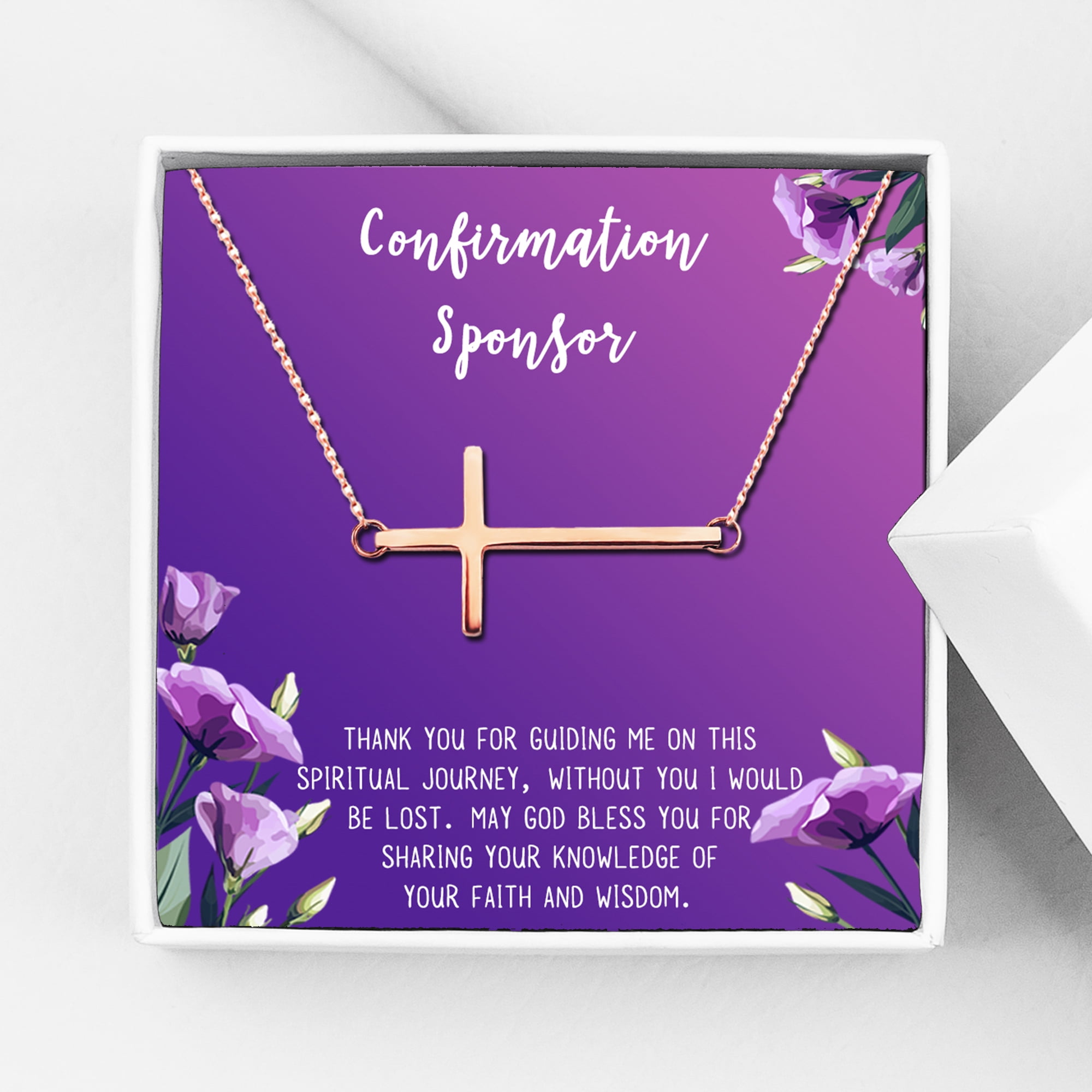 Anavia Confirmation Sponsor Gift for Women, Gifts for Sponsors, Baptism Gift, Goddaughter Gift, Thank you Religious Sponsor Gifts Card Necklace-[Rose Gold Cross, Royal Purple Gift Card]
