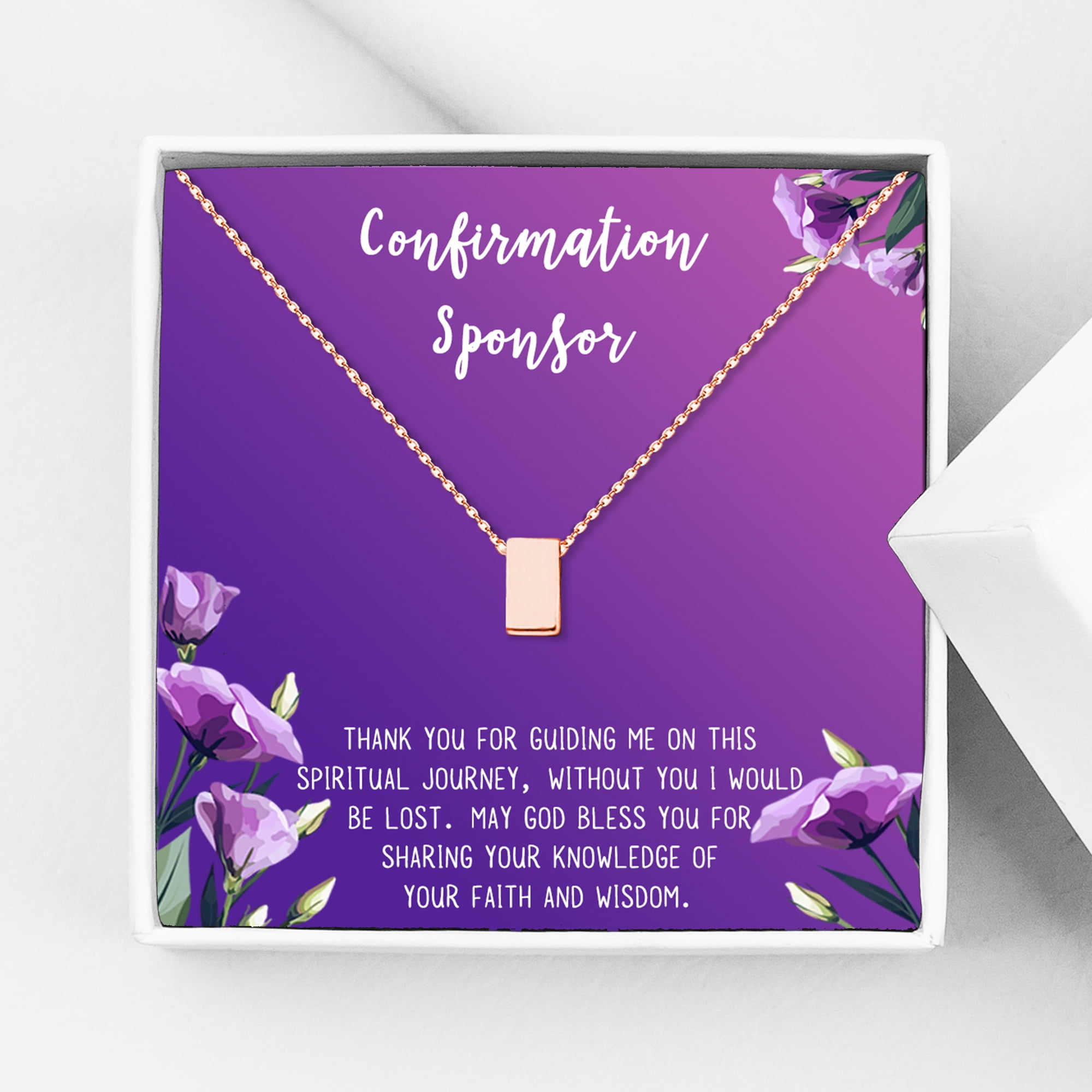 Anavia Confirmation Sponsor Gift for Women, Gifts for Sponsors, Baptism Gift, Goddaughter Gift, Thank you Religious Sponsor Gifts Card Necklace-[Rose Gold Cube, Royal Purple Gift Card]