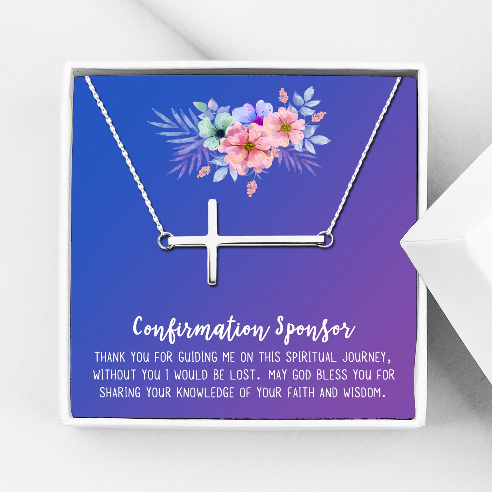 Anavia Confirmation Sponsor Gift for Women, Gifts for Sponsors, Baptism Gift, Goddaughter Gift, Thank you Religious Sponsor Gifts Card Necklace-[Silver Cross, Blue-Purple Gift Card]