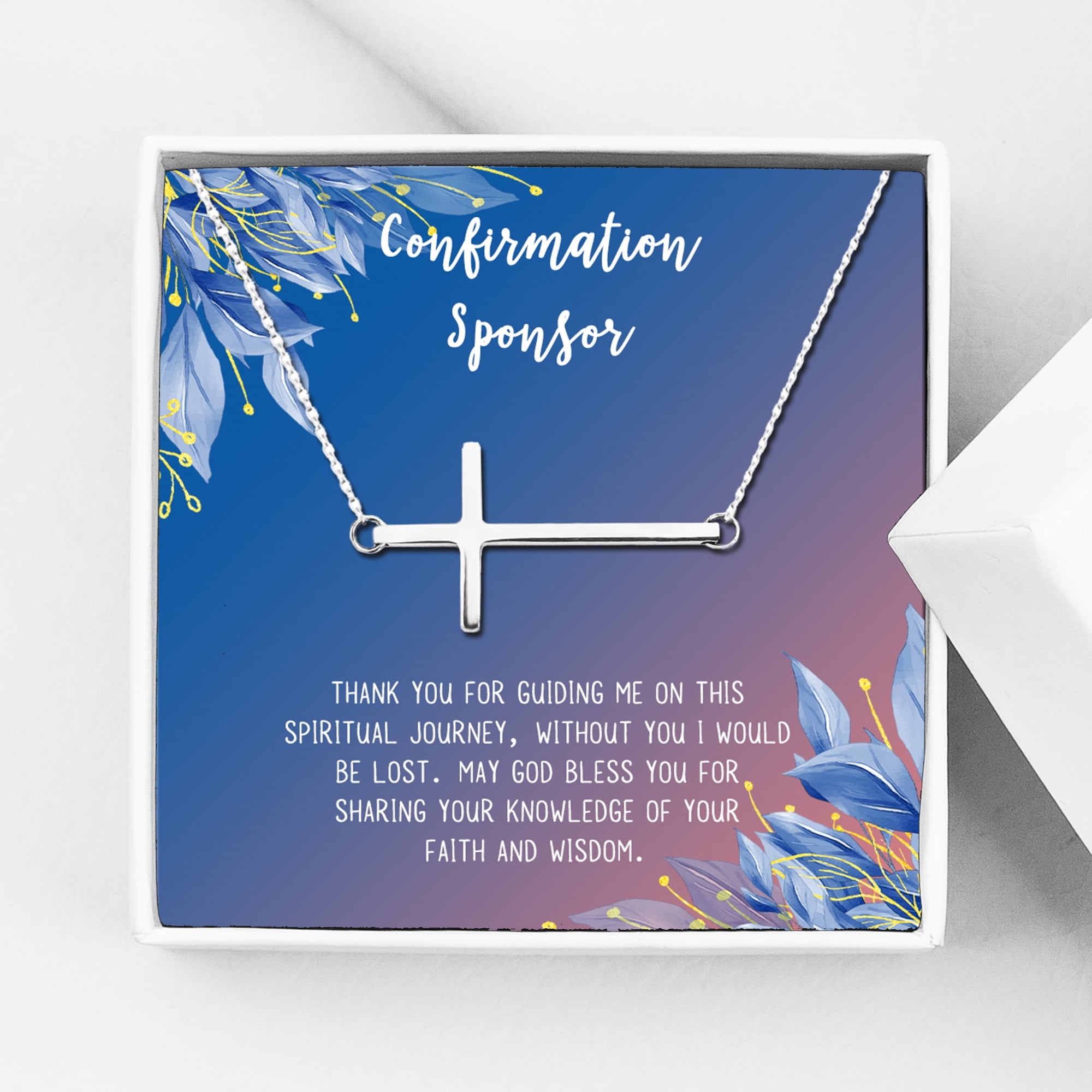Anavia Confirmation Sponsor Gift for Women, Gifts for Sponsors, Baptism Gift, Goddaughter Gift, Thank you Religious Sponsor Gifts Card Necklace-[Silver Cross, Blue-Orange Gift Card]