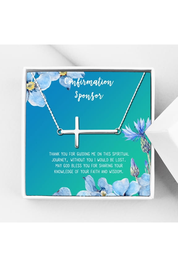 Confirmation Sponsor Gift for Women, Gifts for Sponsors, Baptism Gift, Goddaughter Gift, Thank you Religious Sponsor Gifts Card Necklace-[Silver Cross, Bright Blue Gift Card]