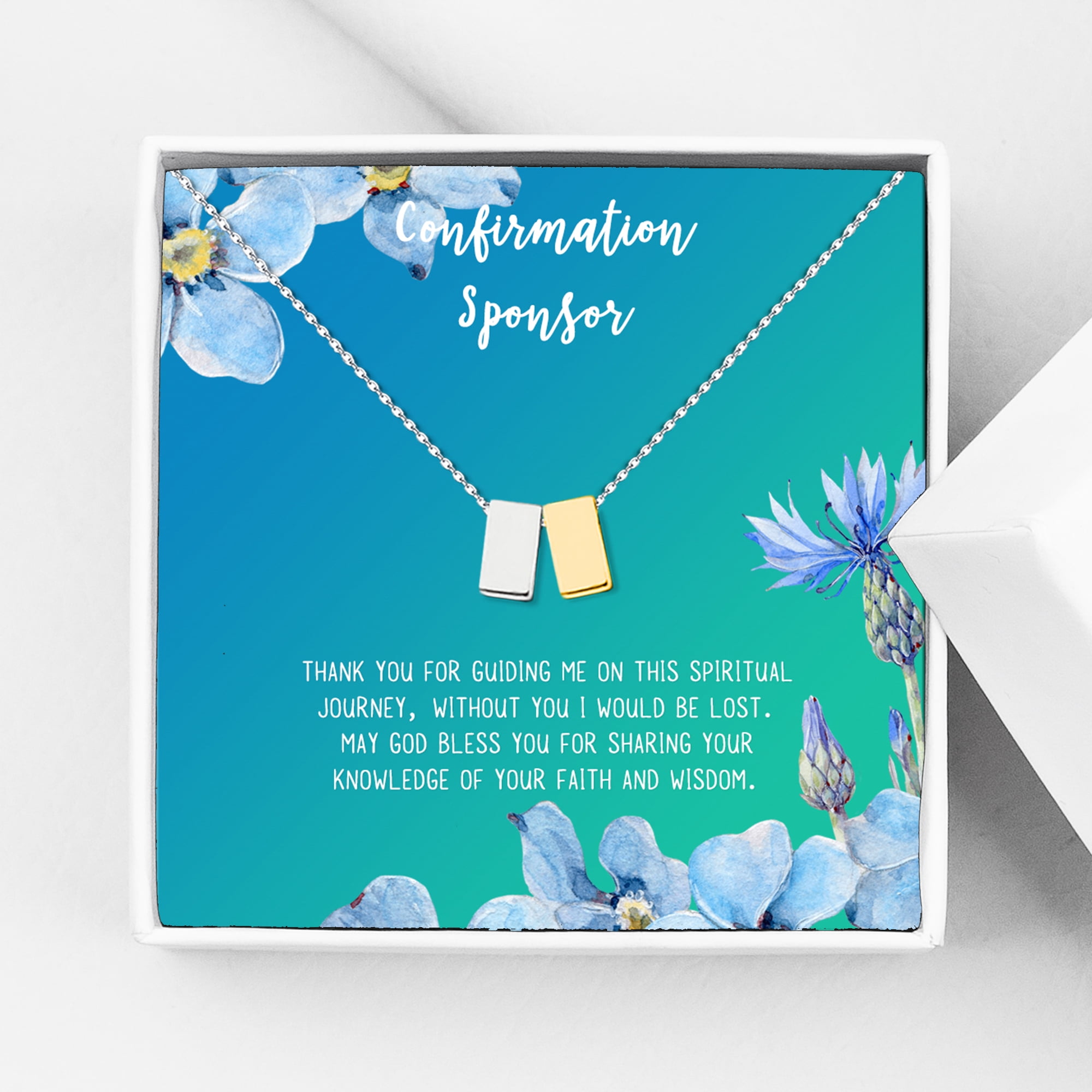 Anavia Confirmation Sponsor Gift for Women, Gifts for Sponsors, Baptism Gift, Goddaughter Gift, Thank you Religious Sponsor Gifts Card Necklace-[Silver and Gold Double Cube, Bright Blue Gift Card]