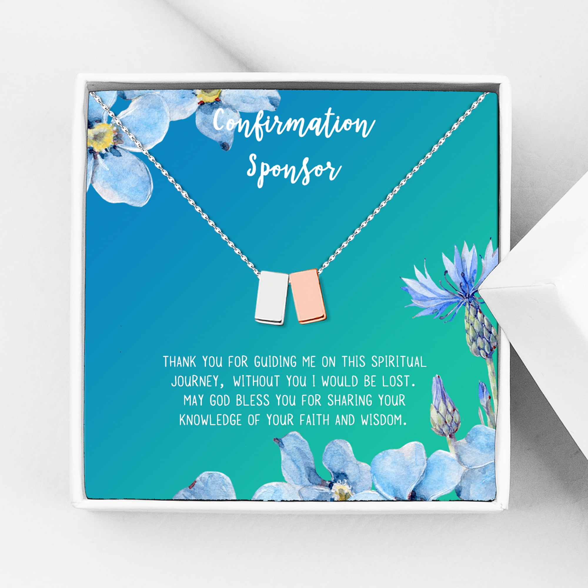 Anavia Confirmation Sponsor Gift for Women, Gifts for Sponsors, Baptism Gift, Goddaughter Gift, Thank you Religious Sponsor Gifts Card Necklace-[Silver and Rose Gold Double, Bright Blue Gift Card]