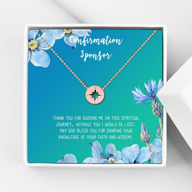 Anavia Confirmation Sponsor Gift for Women, Gifts for Sponsors, Baptism Gift,  Goddaughter Gift, Thank you Religious Sponsor Gifts Card Necklace-[Rose  Gold Compass, Bright Blue Gift Card] 