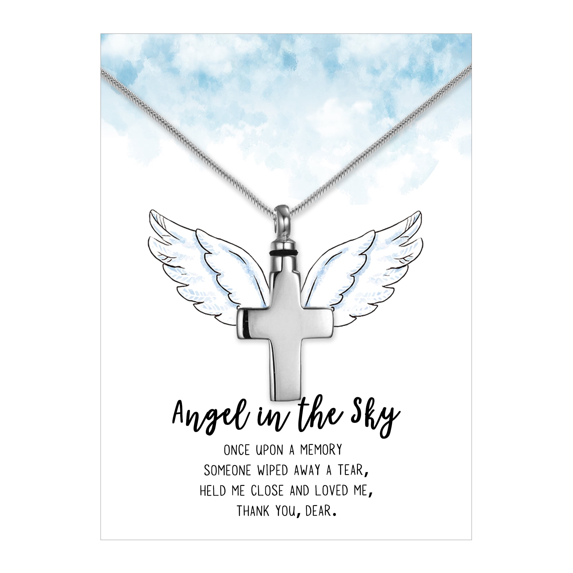 Anavia Cross Cremation Jewelry Stainless Steel Keepsake Memorial Urn Necklace for Human with"Angel in the Sky" Comfort Card-[Silver]