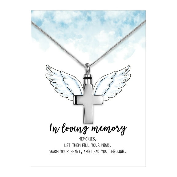 Anavia Cross Cremation Jewelry Stainless Steel Keepsake Memorial Urn Necklace for Human with"Another Angel in Heaven" Comfort Card-[Silver]