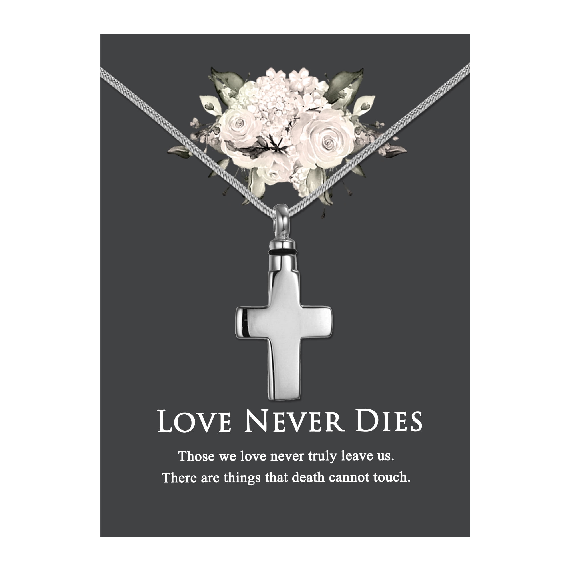 Anavia Cross Cremation Jewelry Stainless Steel Keepsake Memorial Urn Necklace for Human with"Love Never Dies" Comfort Card-[Silver]