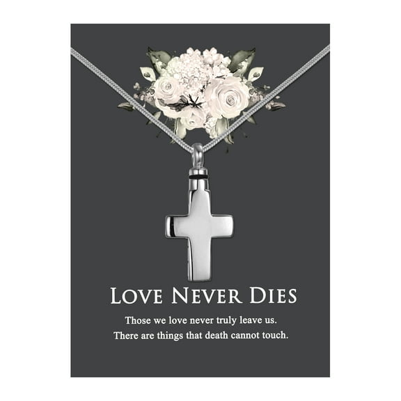 Anavia Cross Cremation Jewelry Stainless Steel Keepsake Memorial Urn Necklace for Human with"Love Never Dies" Comfort Card-[Silver]