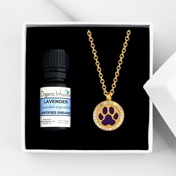 Anavia Dog Paw Essential Oil Diffuser Crystal Necklace Aromatherapy Gift Set - Gold Necklace & Lavender Oil
