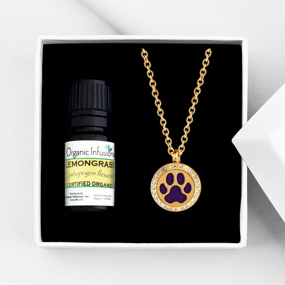 Anavia Dog Paw Essential Oil Diffuser Crystal Necklace Aromatherapy Gift Set - Gold Necklace & Lemongrass Oil