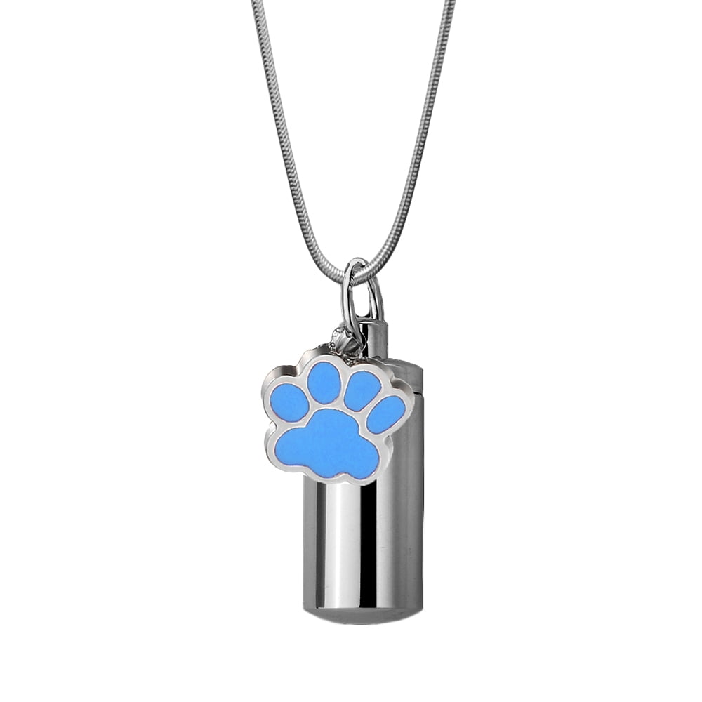 Anavia Dog Paw Print Cylinder Pet Cremation Jewelry Memorial Necklace Ash Urn Silver Blue with Gift Box