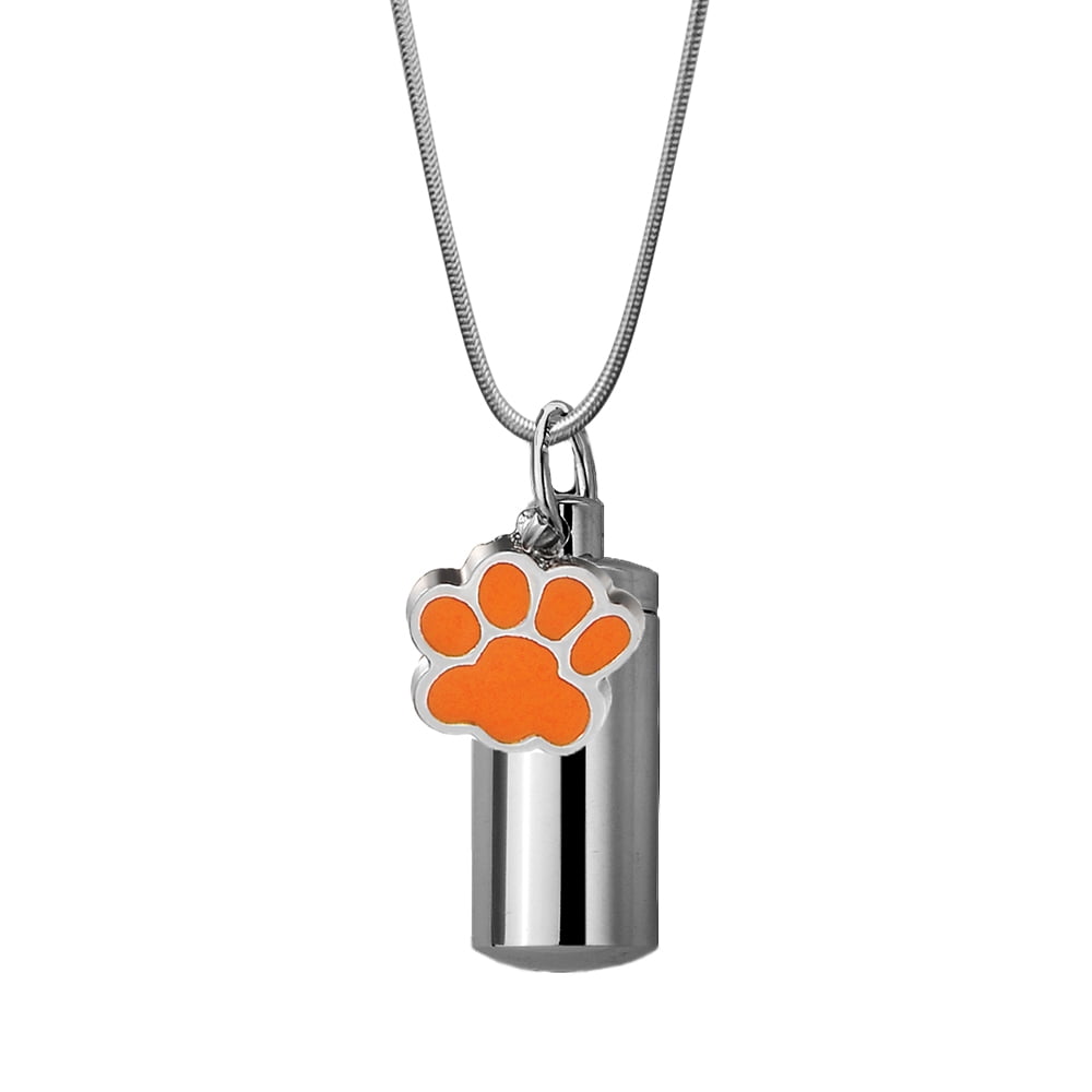Anavia Dog Paw Print Cylinder Pet Cremation Jewelry Memorial Necklace Ash Urn Silver Orange with Gift Box