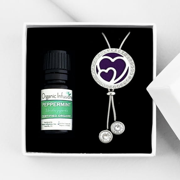 Anavia Double Heart Essential Oil Diffuser Crystal Slider Necklace Aromatherapy Gift Set - Peppermint Oil