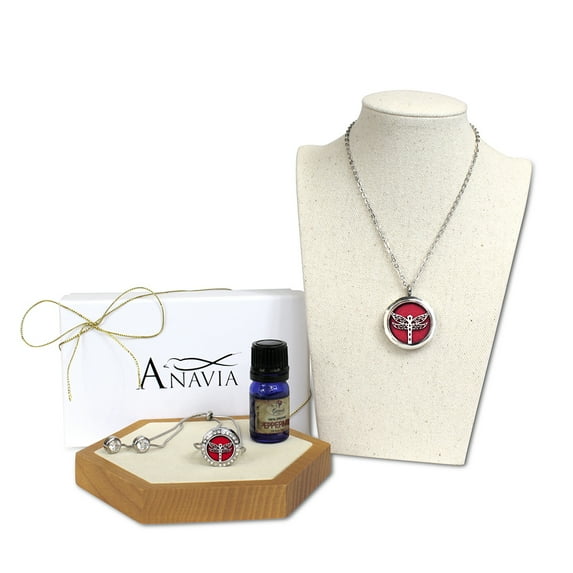 Anavia Dragonfly Aromatherapy Mother's Day Gift Set Necklace and Slider Bracelet With Peppermint Essencial Oil Gift for Mom with Gift Box