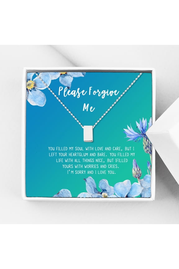 Forgiveness Gift for Girlfriend, Please Forgive Me Card Necklace, Apology Card, ask for forgiveness Necklace Jewelry Card Gift-[Silver Cube, Bright Blue Gift Card]