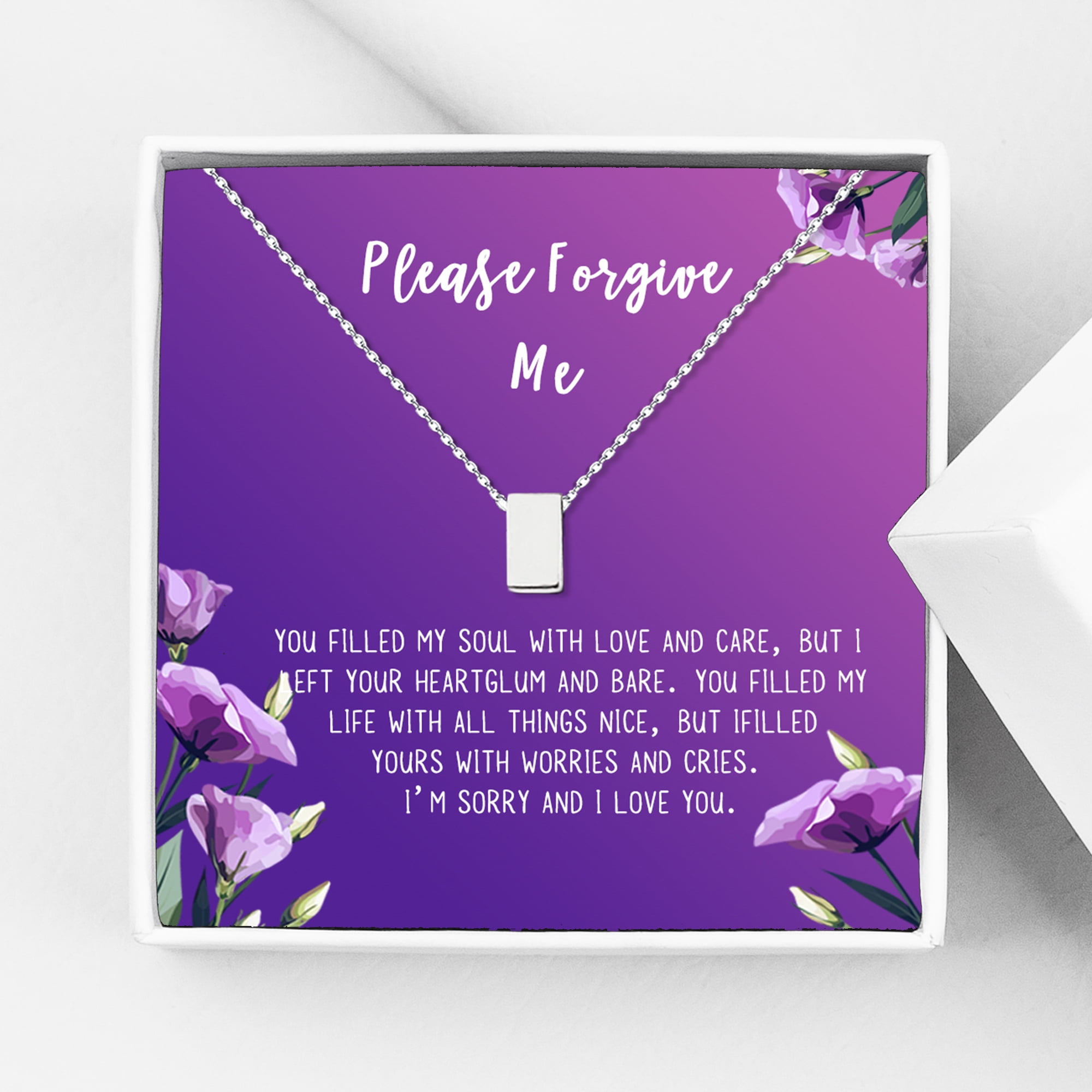 Anavia Forgiveness Gift for Girlfriend, Please Forgive Me Card Necklace, Apology Card, ask for forgiveness Necklace Jewelry Card Gift-[Silver Cube, Royal Purple Gift Card]