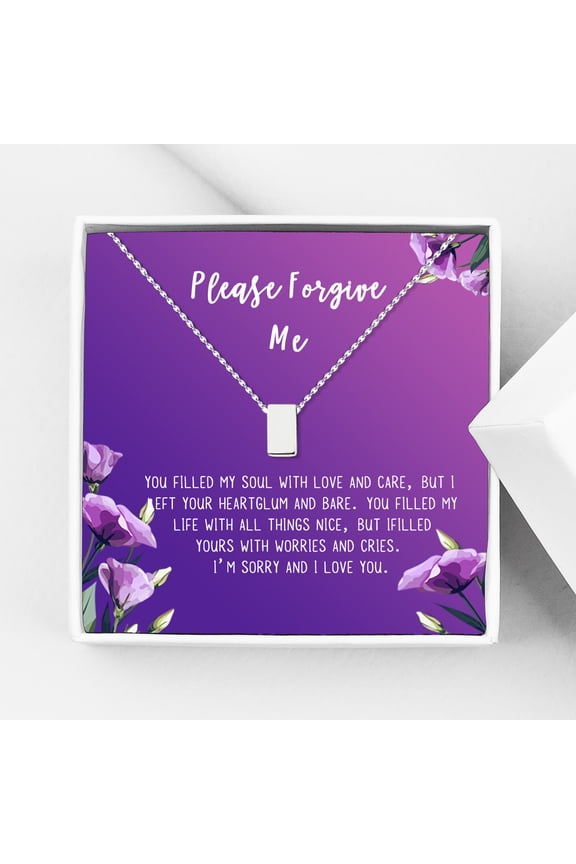 Forgiveness Gift for Girlfriend, Please Forgive Me Card Necklace, Apology Card, ask for forgiveness Necklace Jewelry Card Gift-[Silver Cube, Royal Purple Gift Card]