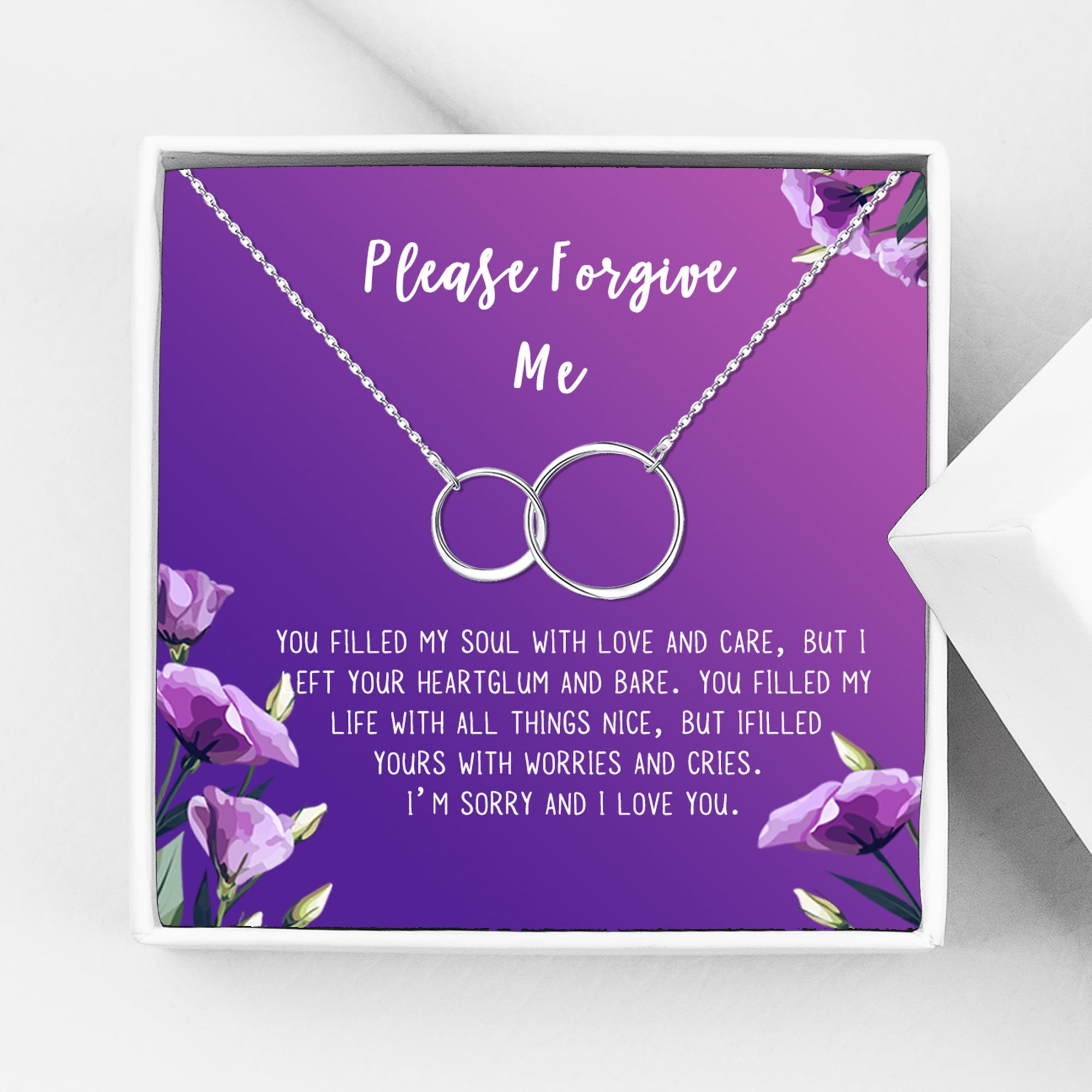 Anavia Forgiveness Gift for Girlfriend, Please Forgive Me Card Necklace, Apology Card, ask for forgiveness Necklace Jewelry Card Gift-[Silver Infinity Double Ring, Royal Purple Gift Card]