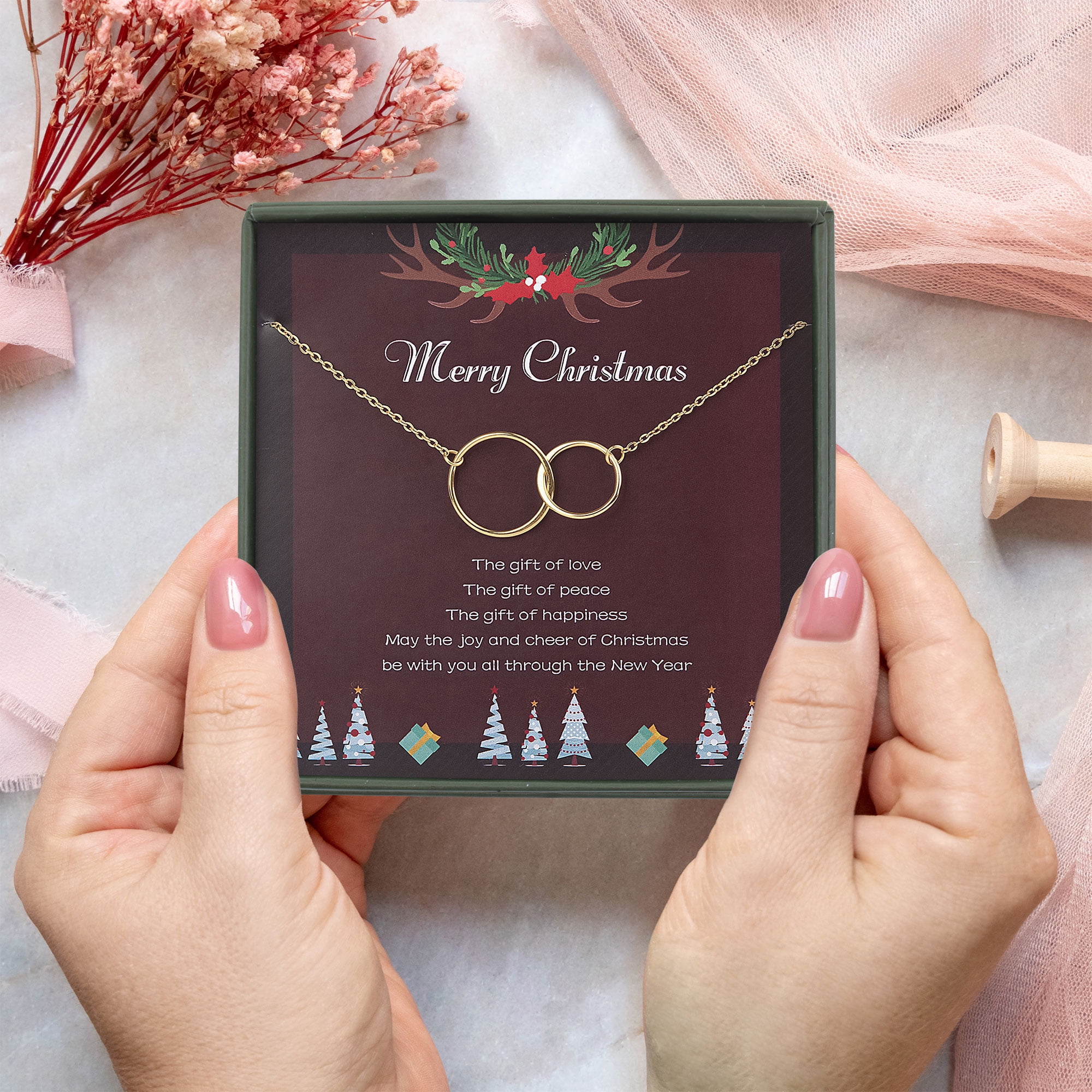 Anavia Friend Necklace Christmas Gifts, New Year Gift for Soul Sister Necklace Card, Merry Christmas Gift for Her-[Gold Double Circles]