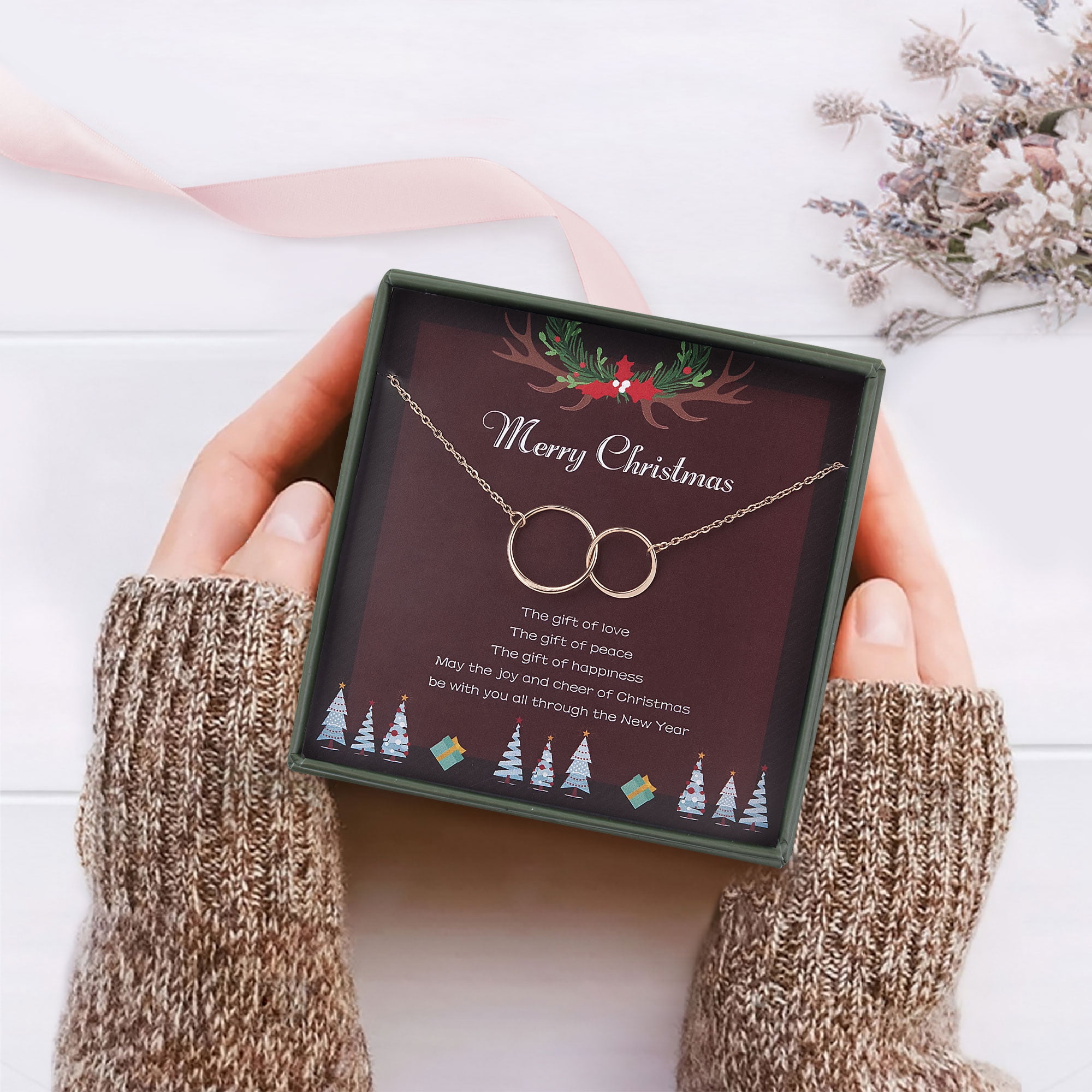 Anavia Friend Necklace Christmas Gifts, New Year Gift for Soul Sister Necklace Card, Merry Christmas Gift for Her-[Rose Gold Double Circles]