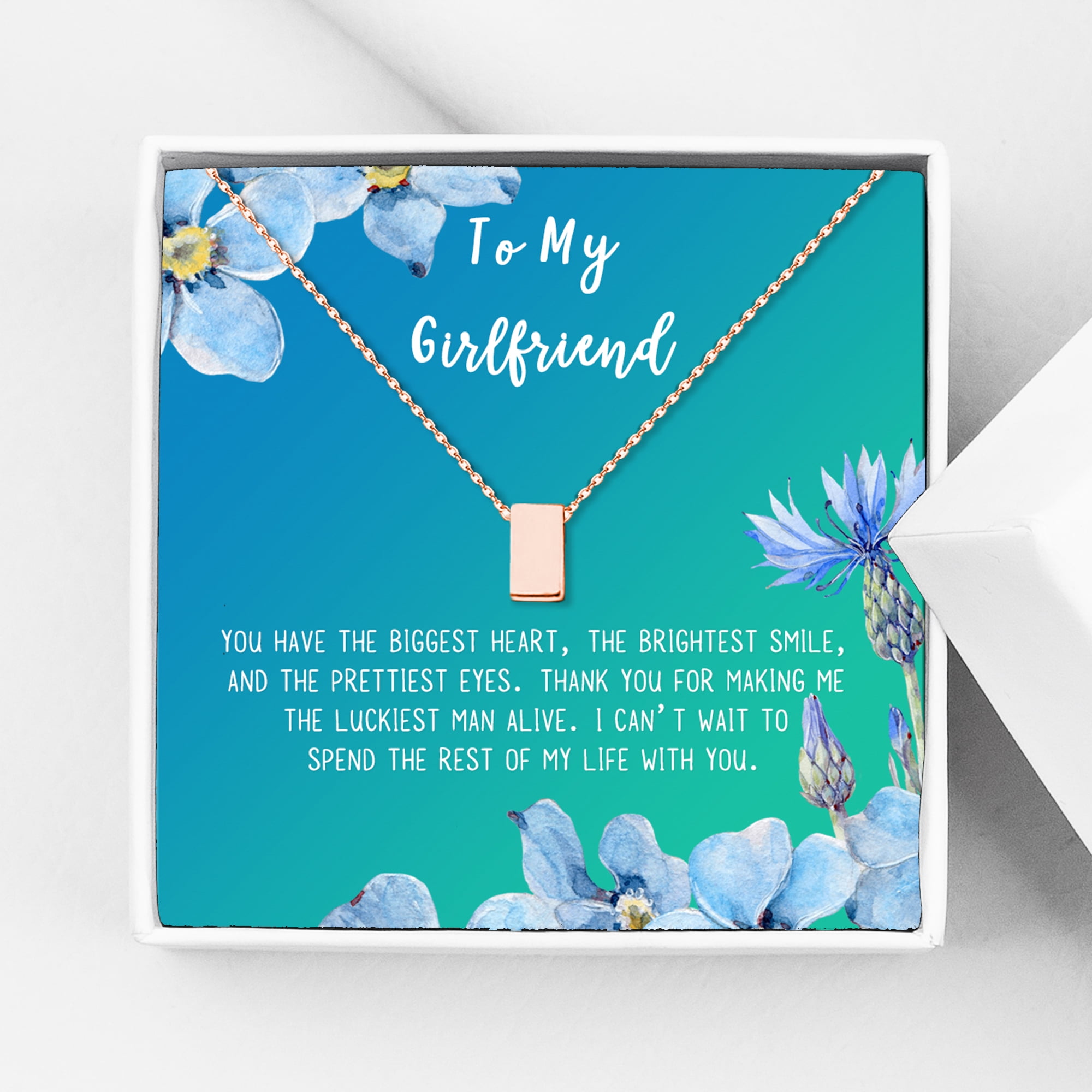Anavia To My Girlfriend Necklace Gift, Card Gift for GF, Girlfriend Jewelry, Girlfriend Birthday Gift, Mother's Gift-[Rose Gold Cube, Bright Blue Gift Card]