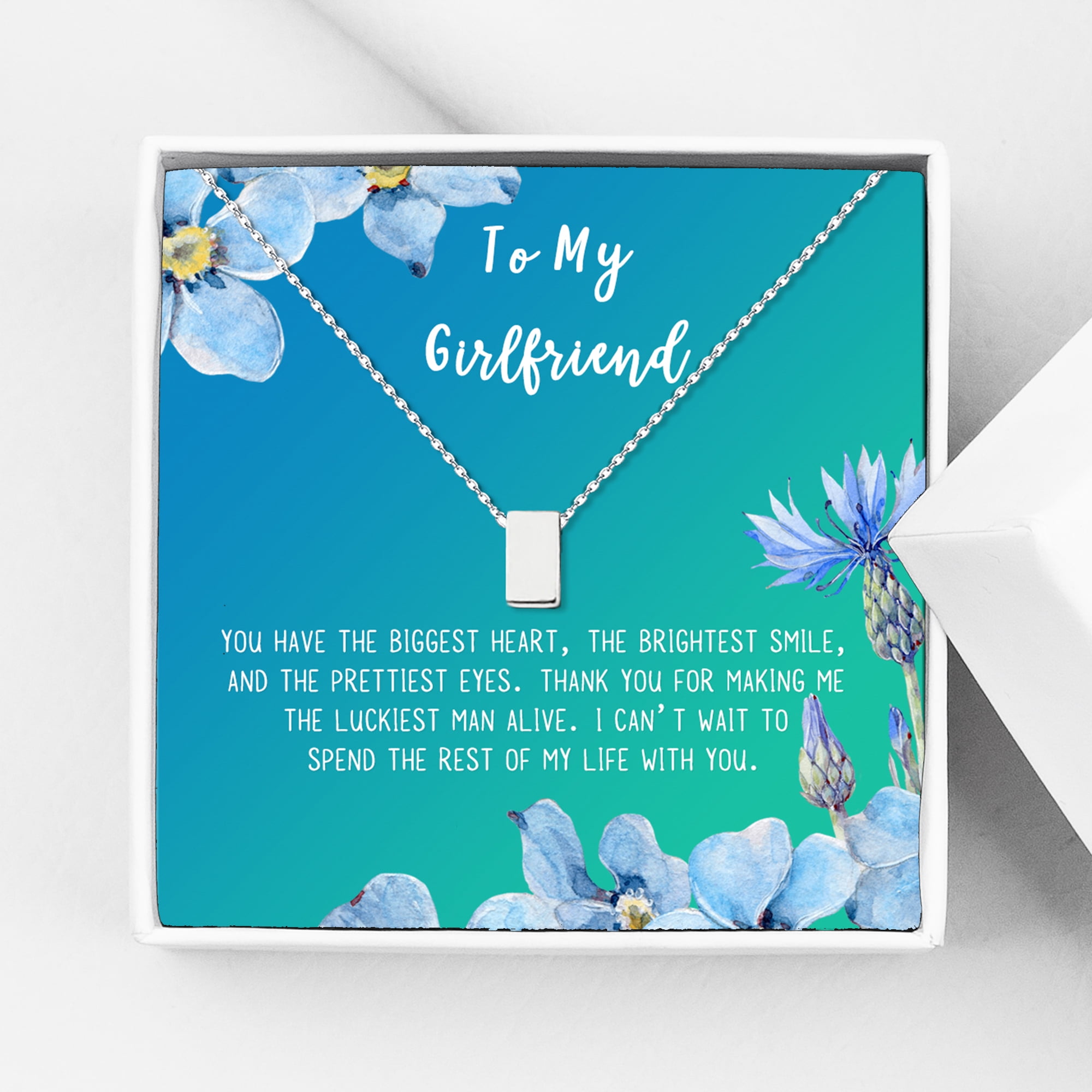 Anavia To My Girlfriend Necklace Gift, Card Gift for GF, Girlfriend Jewelry, Girlfriend Birthday Gift, Mother's Gift-[Silver Cube, Bright Blue Gift Card]