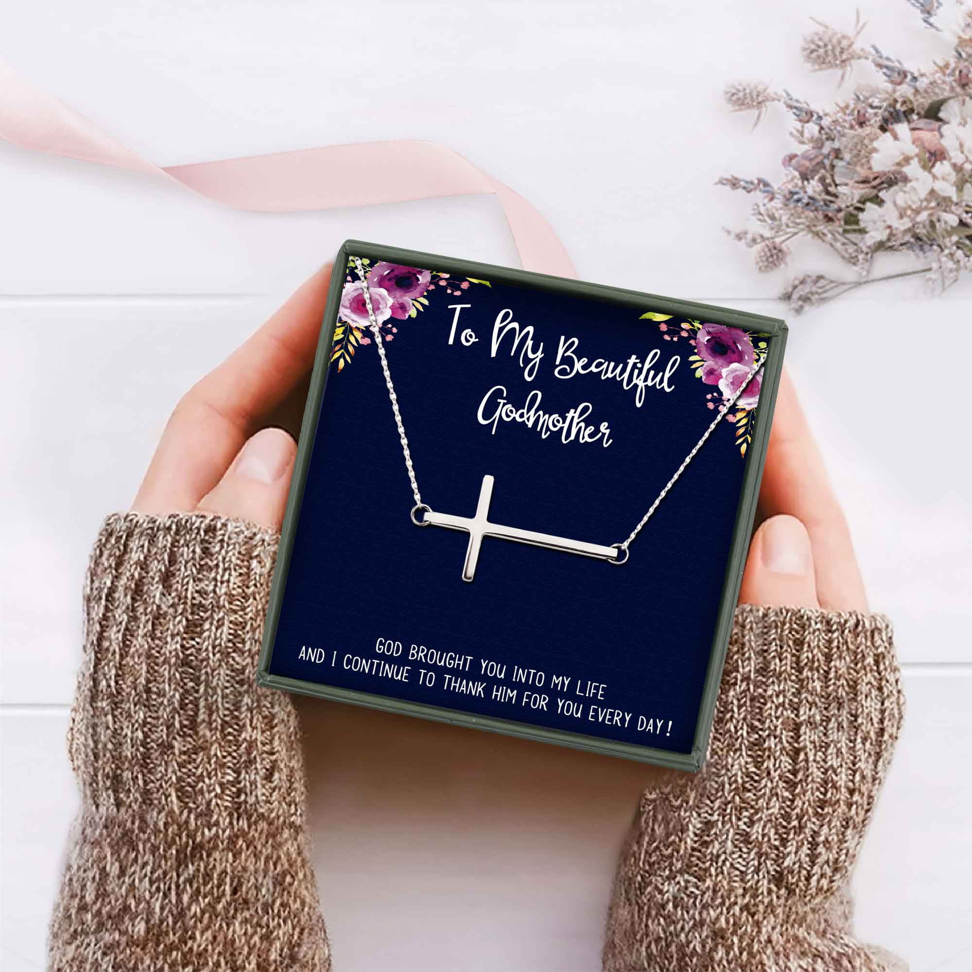 Anavia Godmother Gift, Godmother Necklace, Jewelry Gift, Gift for Godmother, Birthday Gift, Christmas Gift for Her, Cross Necklaces with Wish Card-[Silver]