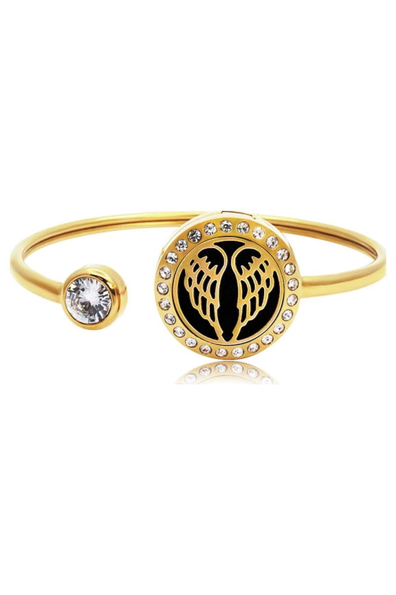 Gold Angel Wing Rhinestone Aromatherapy Jewelry Stainless Steel Essential Oil Cuff Bangle Bracelet with Gift Box