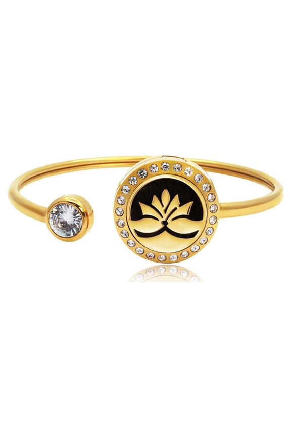 Gold Lotus Rhinestone Aromatherapy Jewelry Stainless Steel Essential Oil Cuff Bangle Bracelet with Gift Box