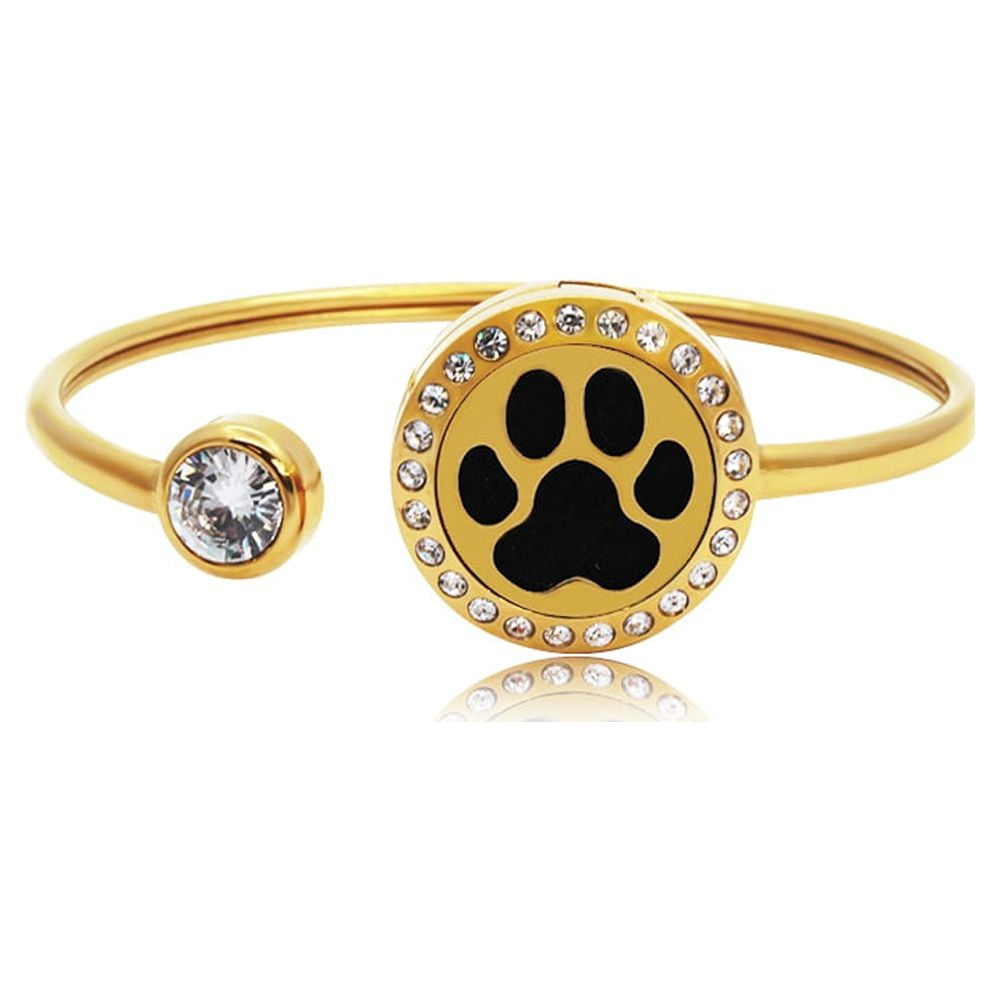 Anavia Gold Paw Print Rhinestone Aromatherapy Jewelry Stainless Steel Essential Oil Cuff Bangle Bracelet with Gift Box