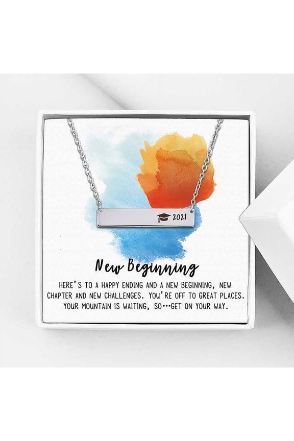 Graduation Gift for Her - 2021 College Graduation Gifts for Friend - New Beginnings Graduation Gift for Daughter - Stainless Steel Bar Necklace
