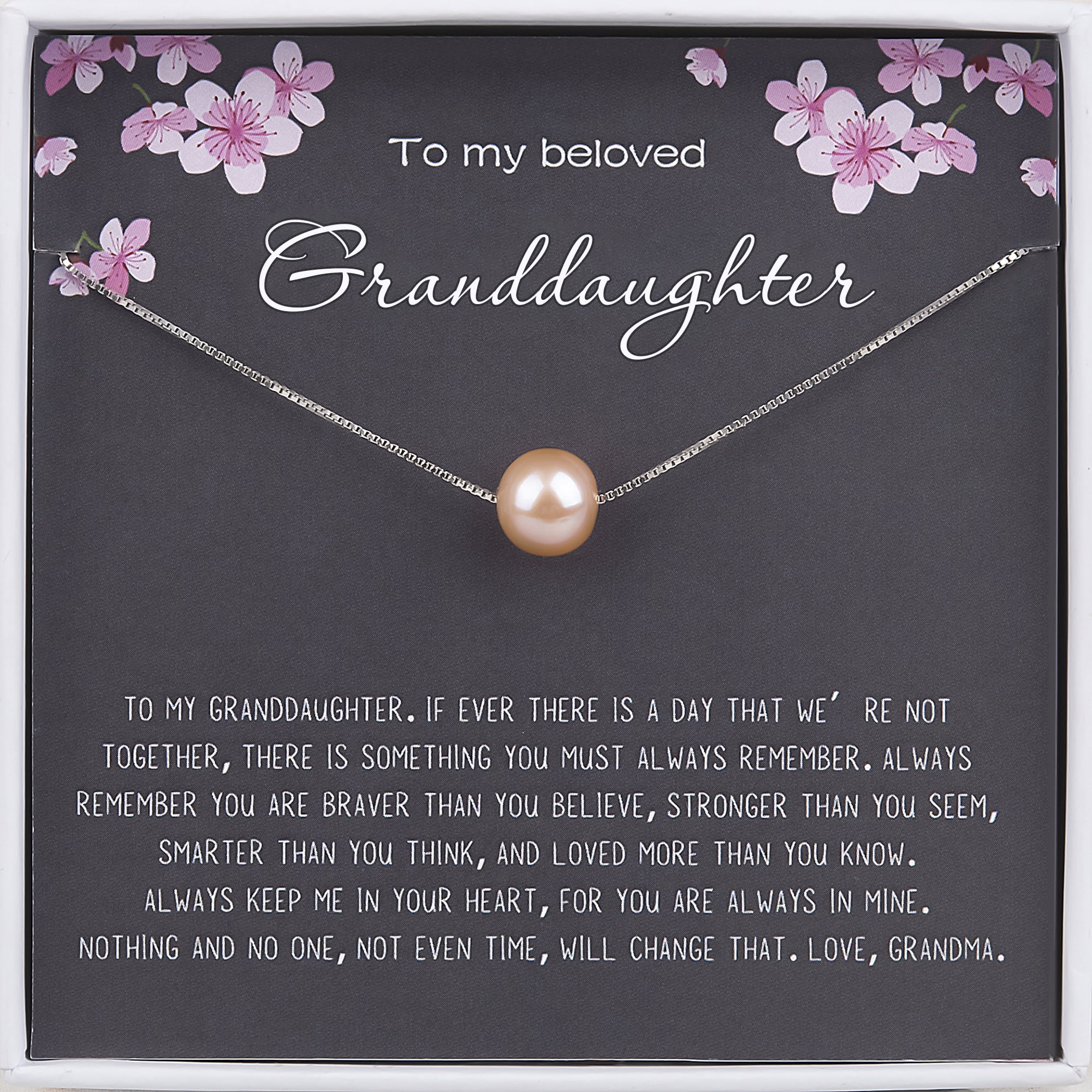 Anavia Granddaughter Gift from Grandma, Granddaughter Necklace, Granddaughter Birthday Card Gift, Granddaughter Wedding Gift -[Pink Pearl + Silver Chain]