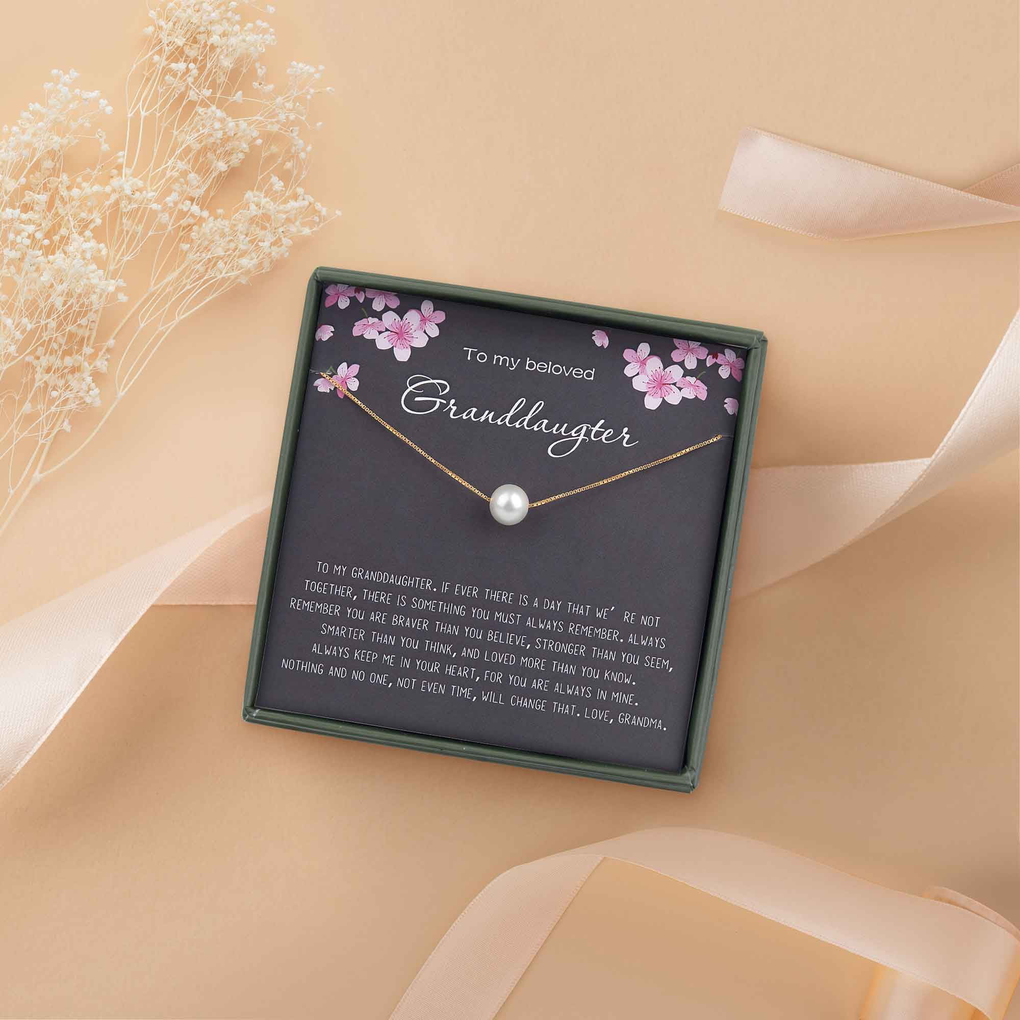 Anavia Granddaughter Gift from Grandma, Granddaughter Necklace, Granddaughter Birthday Card Gift, Granddaughter Wedding Gift -[White Pearl + Gold Chain]