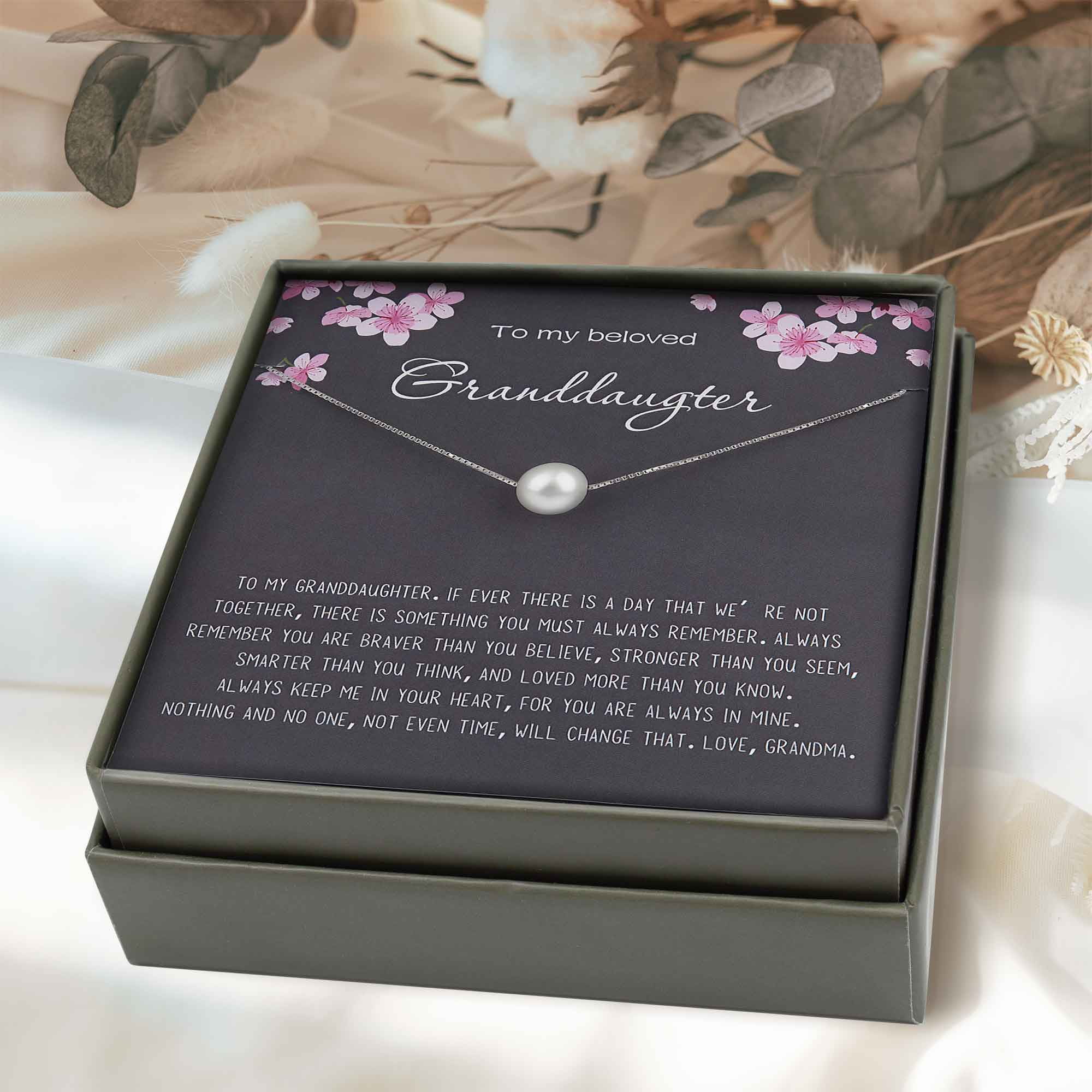 Anavia Granddaughter Gift from Grandma, Granddaughter Necklace, Granddaughter Birthday Card Gift, Granddaughter Wedding Gift -[White Pearl + Silver Chain]