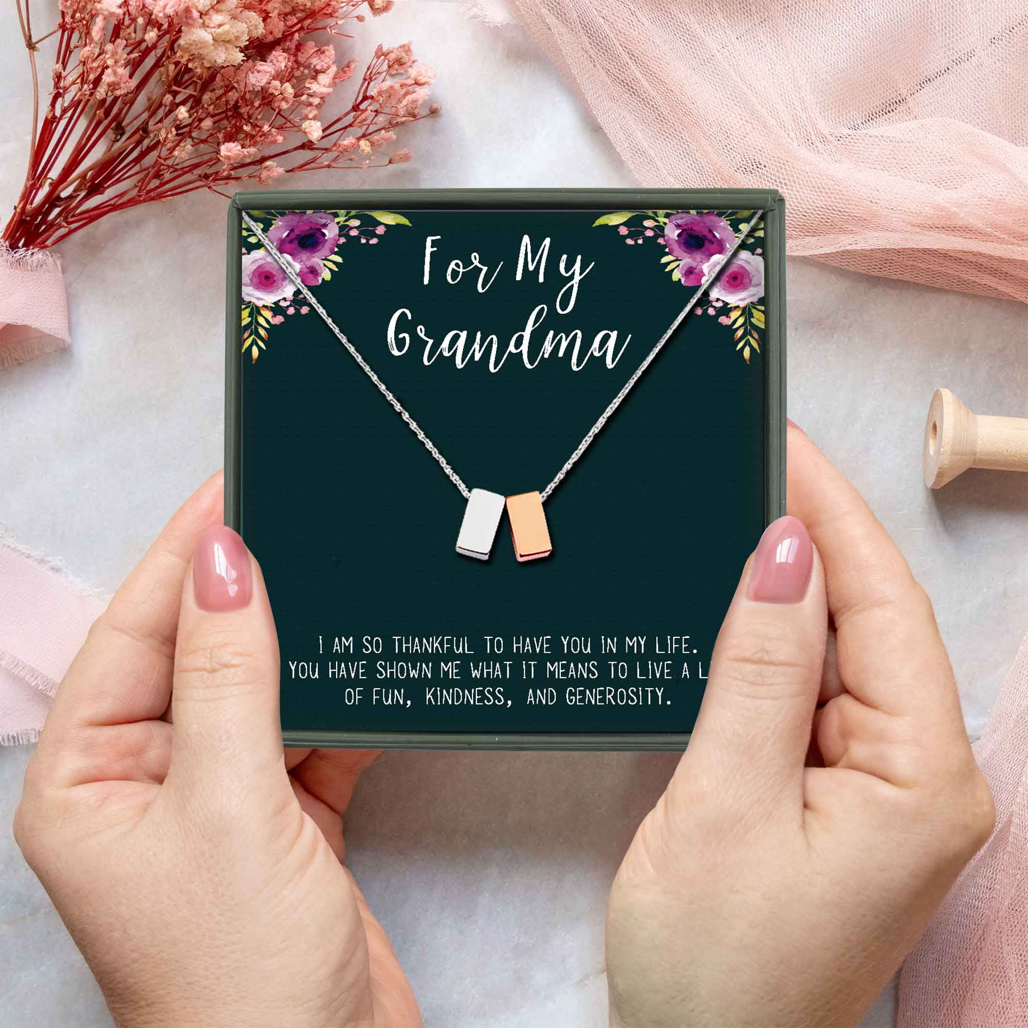 Anavia Grandma Necklace, Grandmother Necklace, Grandma Jewelry Gift, Gift for Grandma, Nana Gift, Christmas Gift for Her, Double Cubes Pendant Necklace with Wish Card -[1 Silver & 1 Rose Gold]