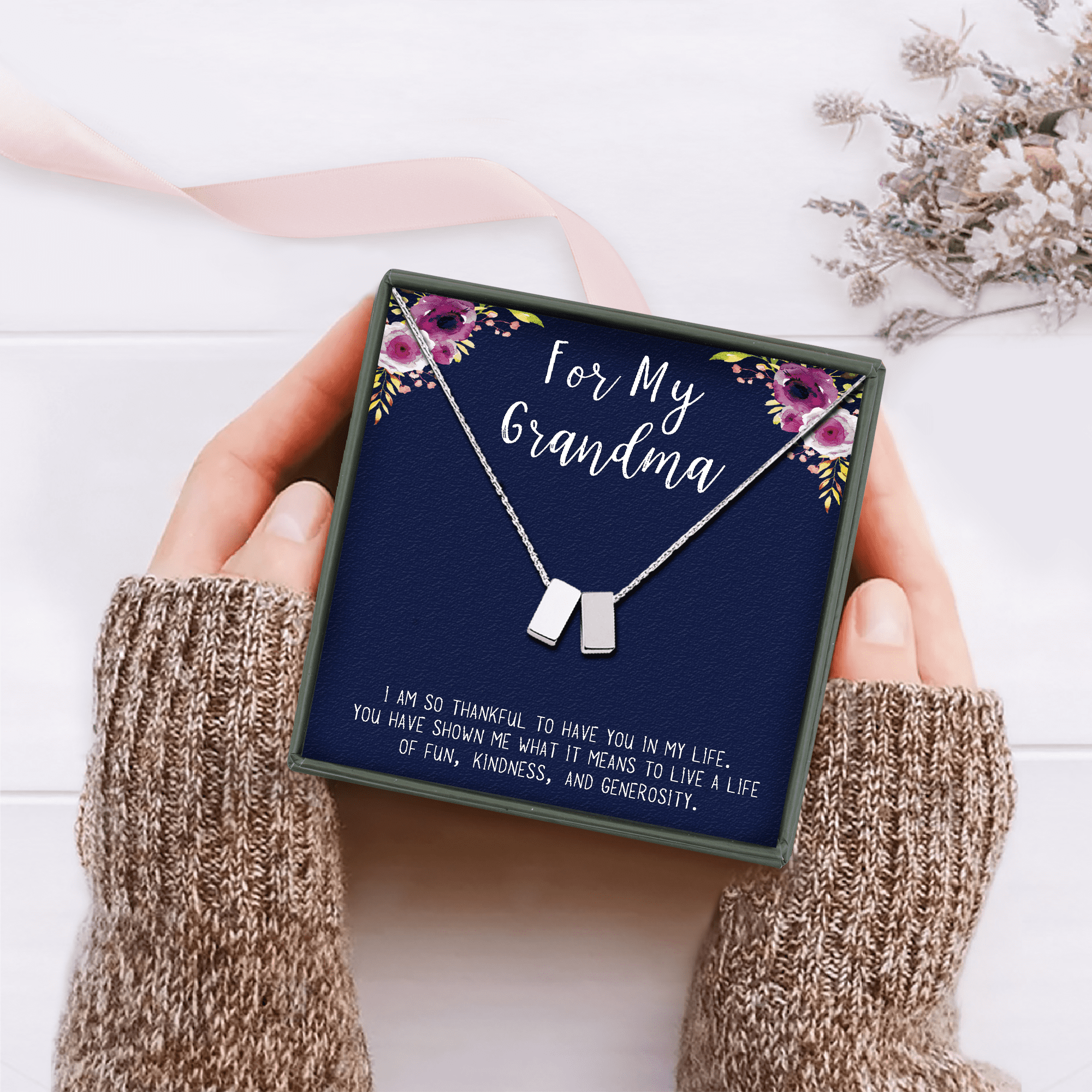 Anavia Grandma Necklace, Grandmother Necklace, Grandma Jewelry Gift, Gift for Grandma, Nana Gift, Christmas Gift for Her, Double Cubes Pendant Necklace with Wish Card -[2 Silver Charms]