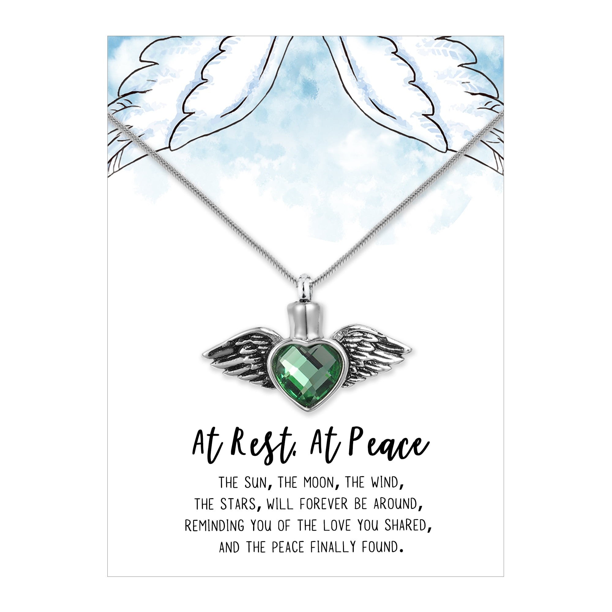 Anavia Green Crystal Angel Wings Cremation Jewelry Stainless Steel Keepsake Memorial Urn Necklace for Human with"At Rest, At Peace" Comfort Card