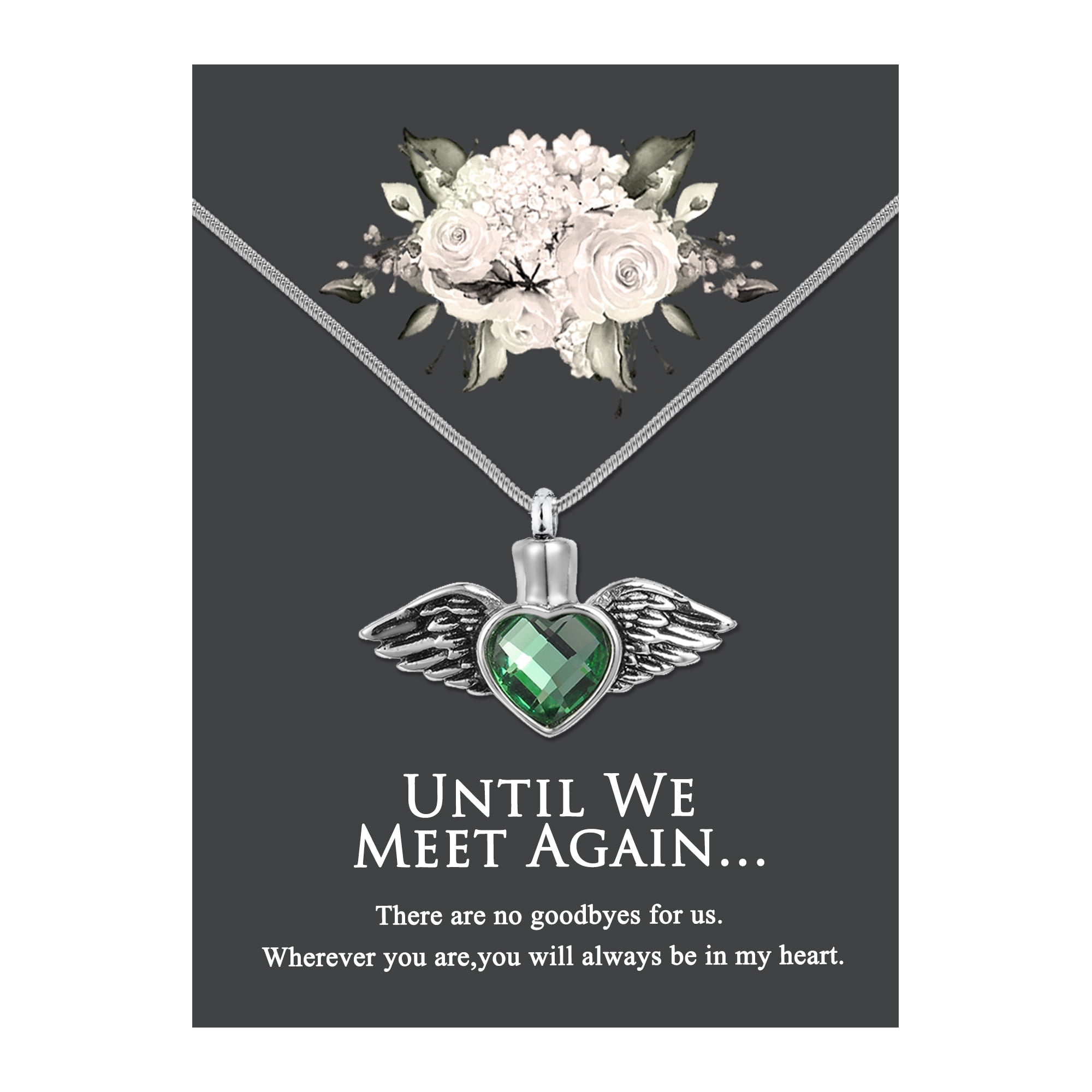 Anavia Green Crystal Angel Wings Cremation Jewelry Stainless Steel Keepsake Memorial Urn Necklace for Human with"Until We Meet Again" Comfort Card