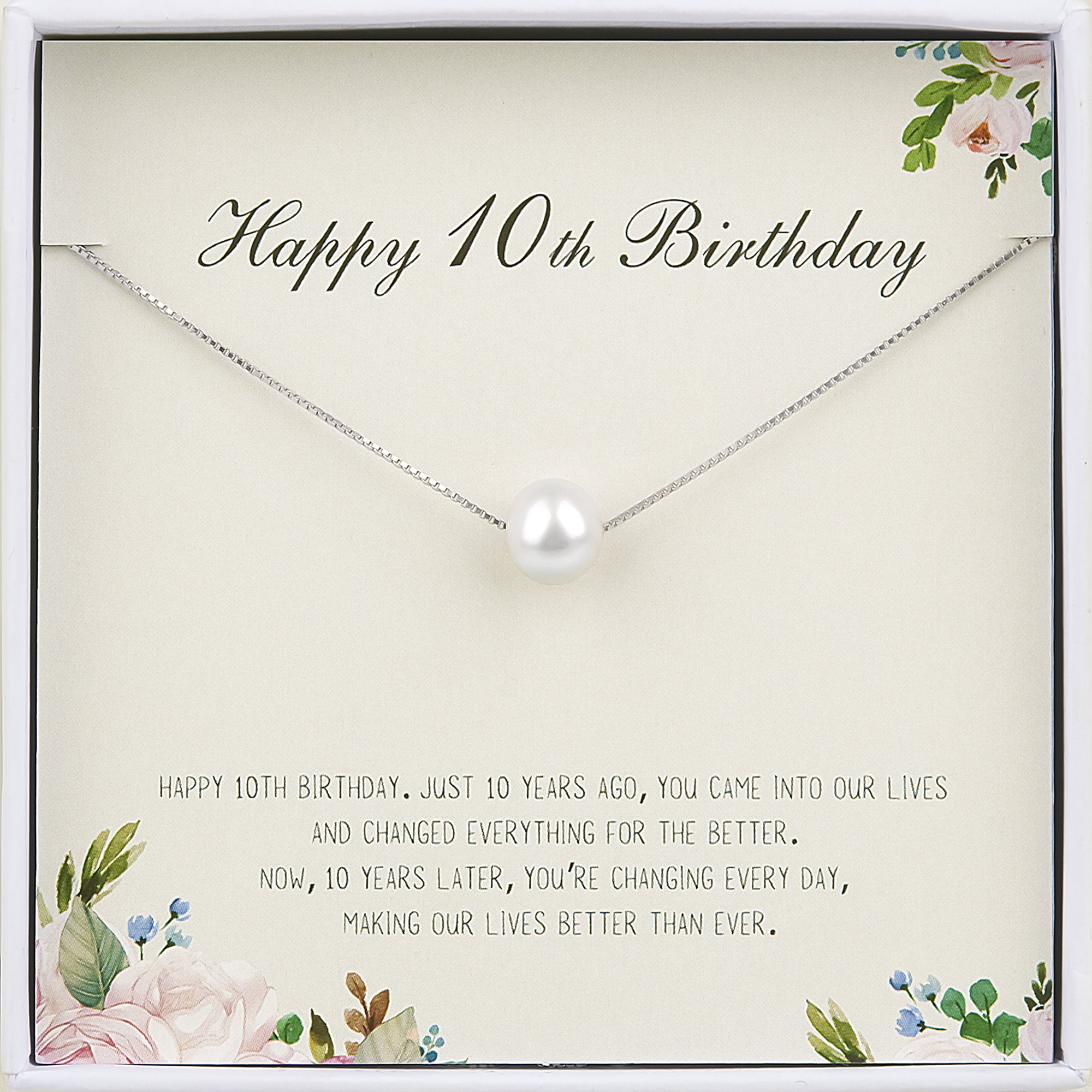 Anavia Happy 10th Birthday Pearl Necklace Card Gift, Tenth Birthday Necklace for Girl, gift for 12 Year Old Girl Gifts, Double Digits Birthday -[White Pearl + Silver Chain]