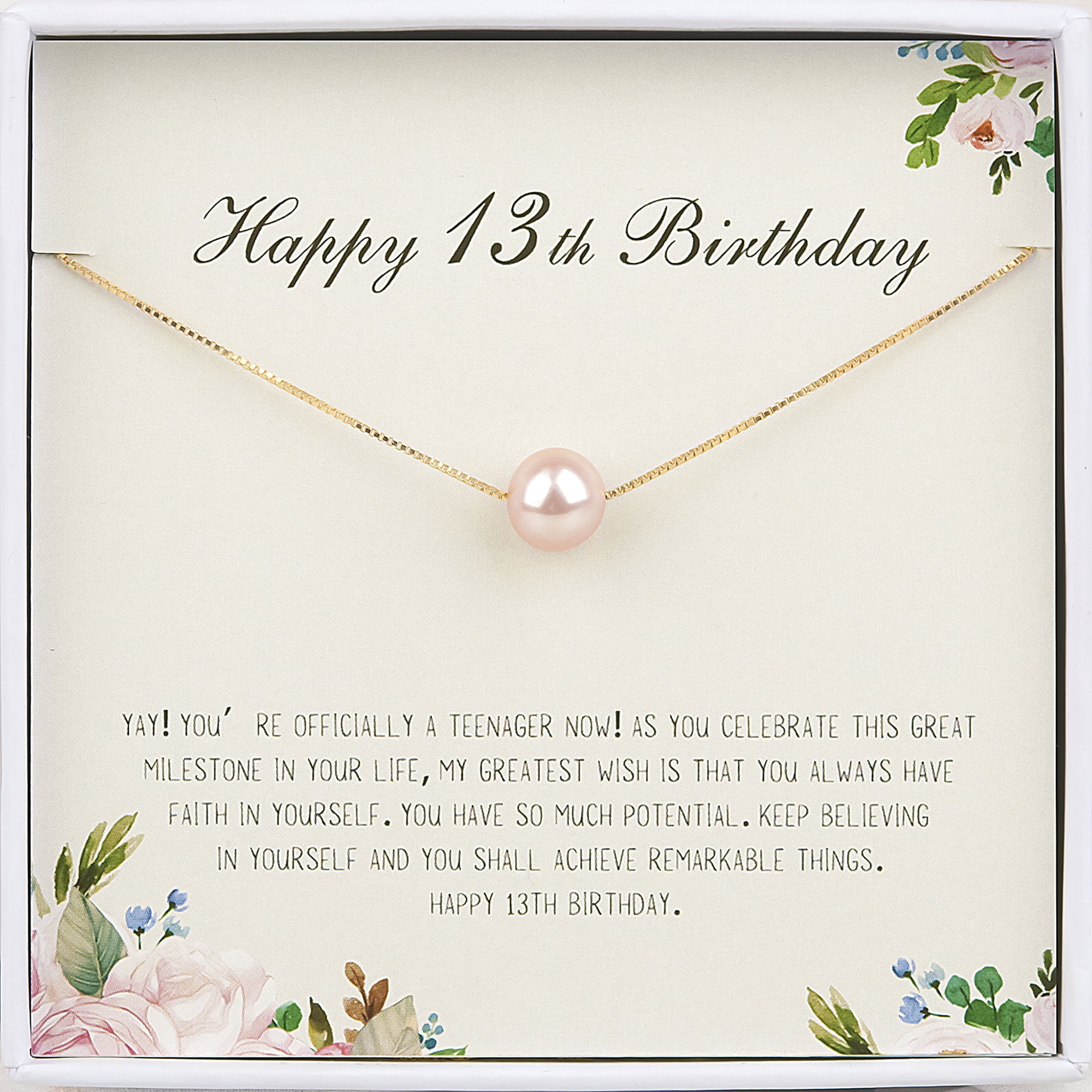 Anavia Happy 13th Birthday Pearl Necklace Card Gift, Thirteenth Birthday Necklace for Girl, Gift for 13th Girl Gifts, Teen birthday -[Pink Pearl + Gold Chain]