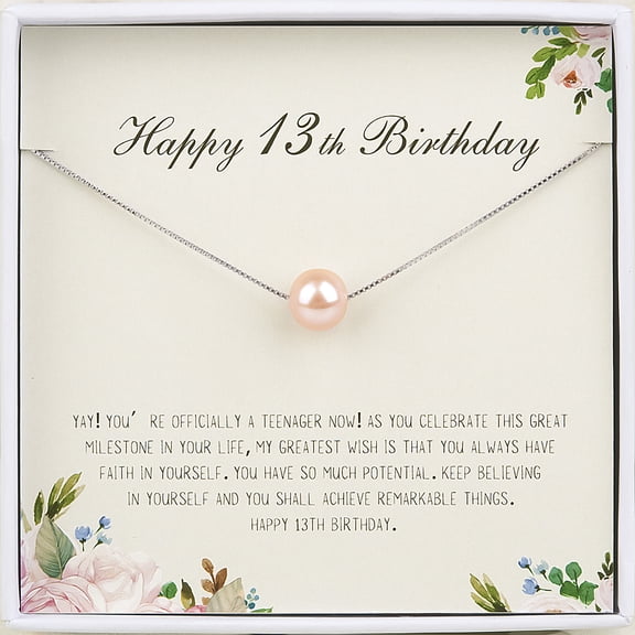 Anavia Happy 13th Birthday Pearl Necklace Card Gift, Thirteenth Birthday Necklace for Girl, Gift for 13th Girl Gifts, Teen birthday -[Pink Pearl + Silver Chain]