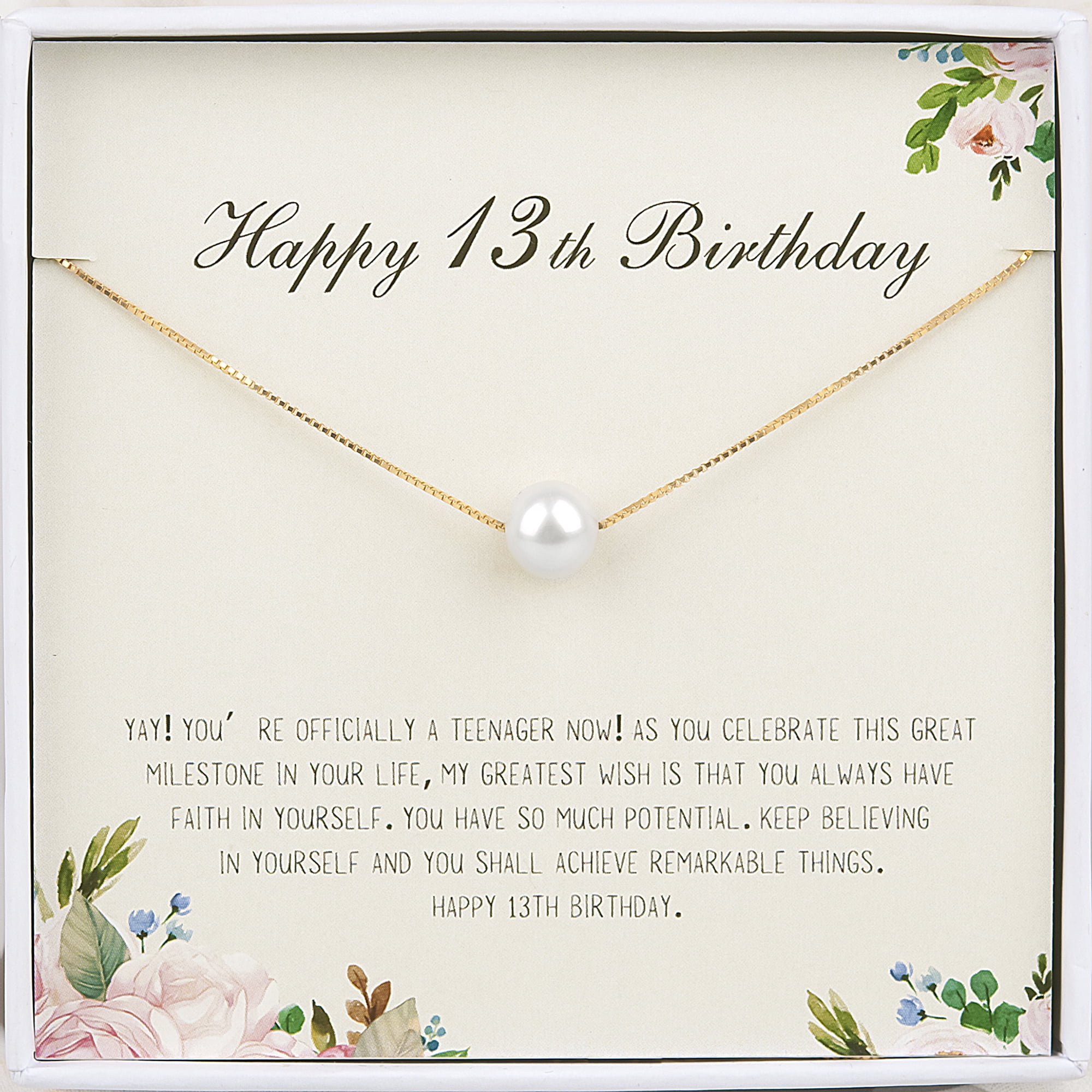 Anavia Happy 13th Birthday Pearl Necklace Card Gift, Thirteenth Birthday Necklace for Girl, Gift for 13th Girl Gifts, Teen birthday -[White Pearl + Gold Chain]